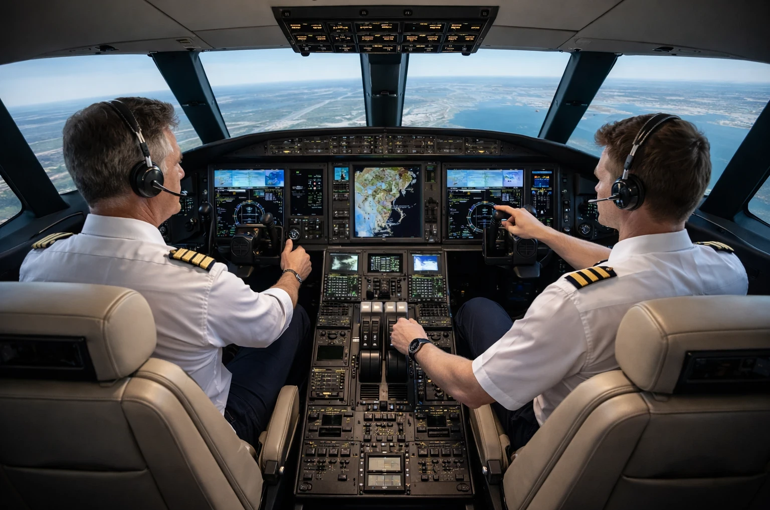 Business jet cockpit simulator with dual throttles and two pilots practicing flight procedures for business jet familiarization.