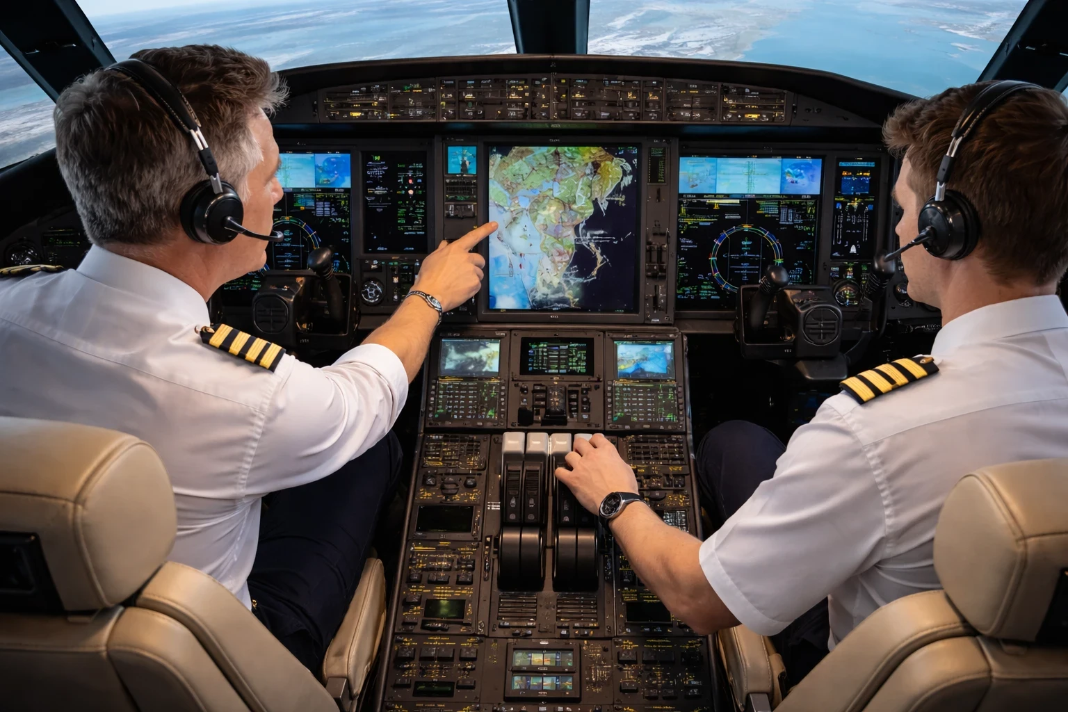 Modern business jet cockpit showing advanced avionics displays and throttle quadrant while two pilots practice navigation and systems management in a flight simulator.