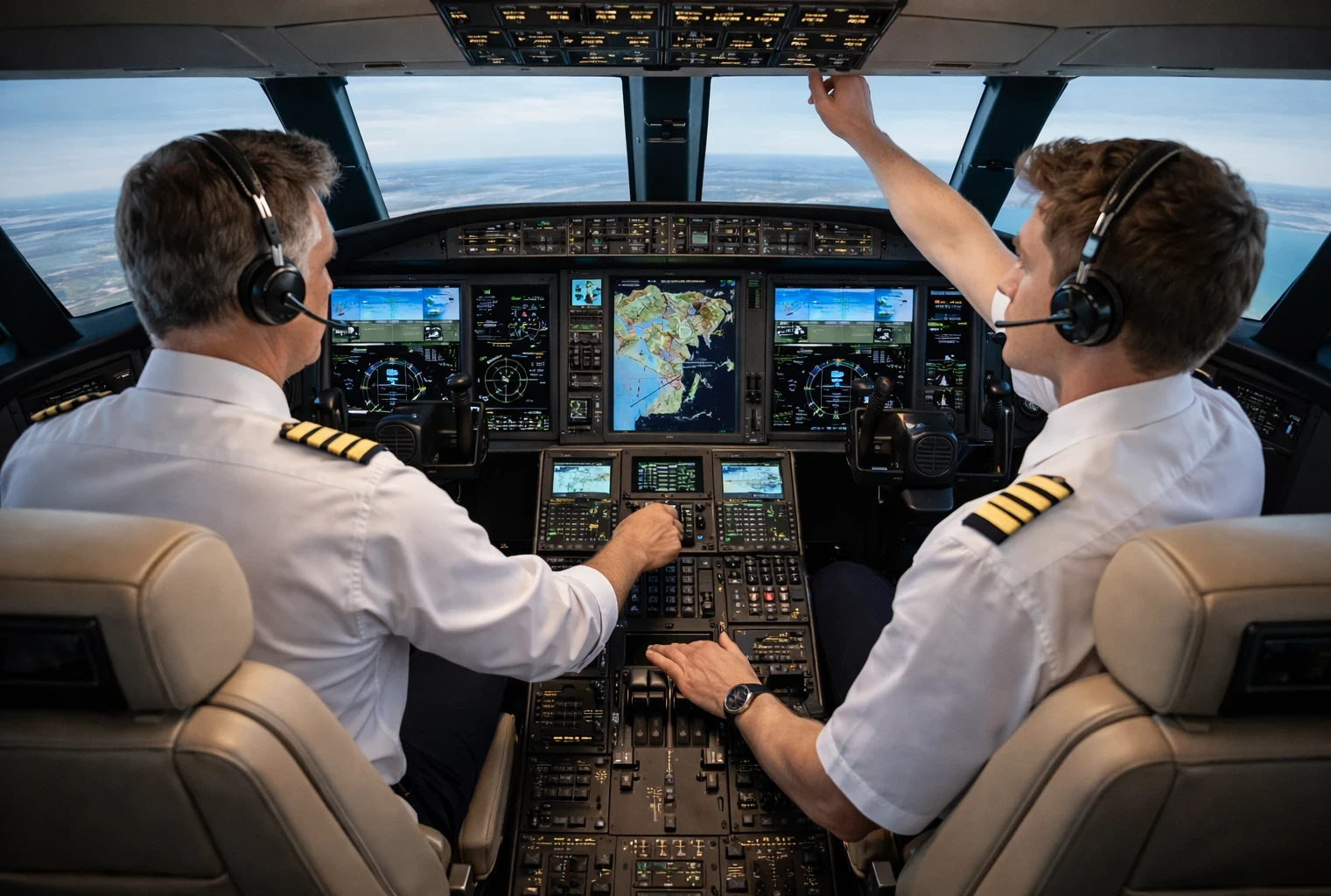 Business jet simulator cockpit showing flight management system screens, autopilot controls, and automated avionics being managed by two pilots.