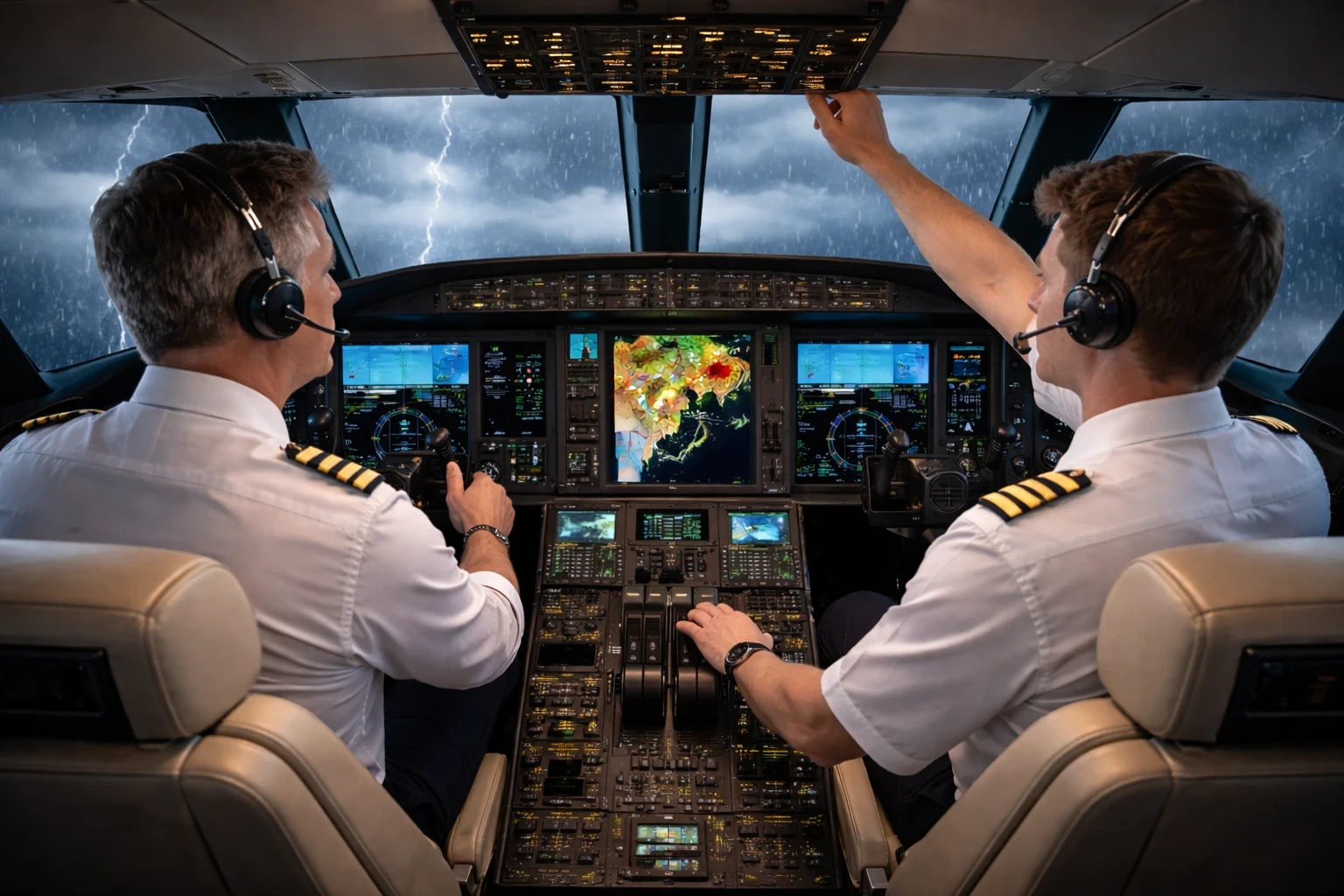 Business jet flight simulator cockpit depicting two pilots managing turbulent weather and emergency-style conditions using advanced avionics and cockpit controls.