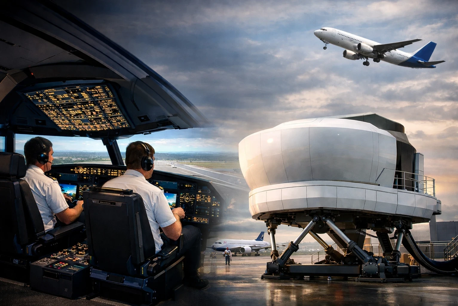 A high-tech commercial flight simulator with two uniformed pilots inside a realistic cockpit setup, simulating takeoff with airport scenery visible. A modern full-motion simulator unit and a commercial aircraft on the tarmac appear in the background under a dramatic sky.