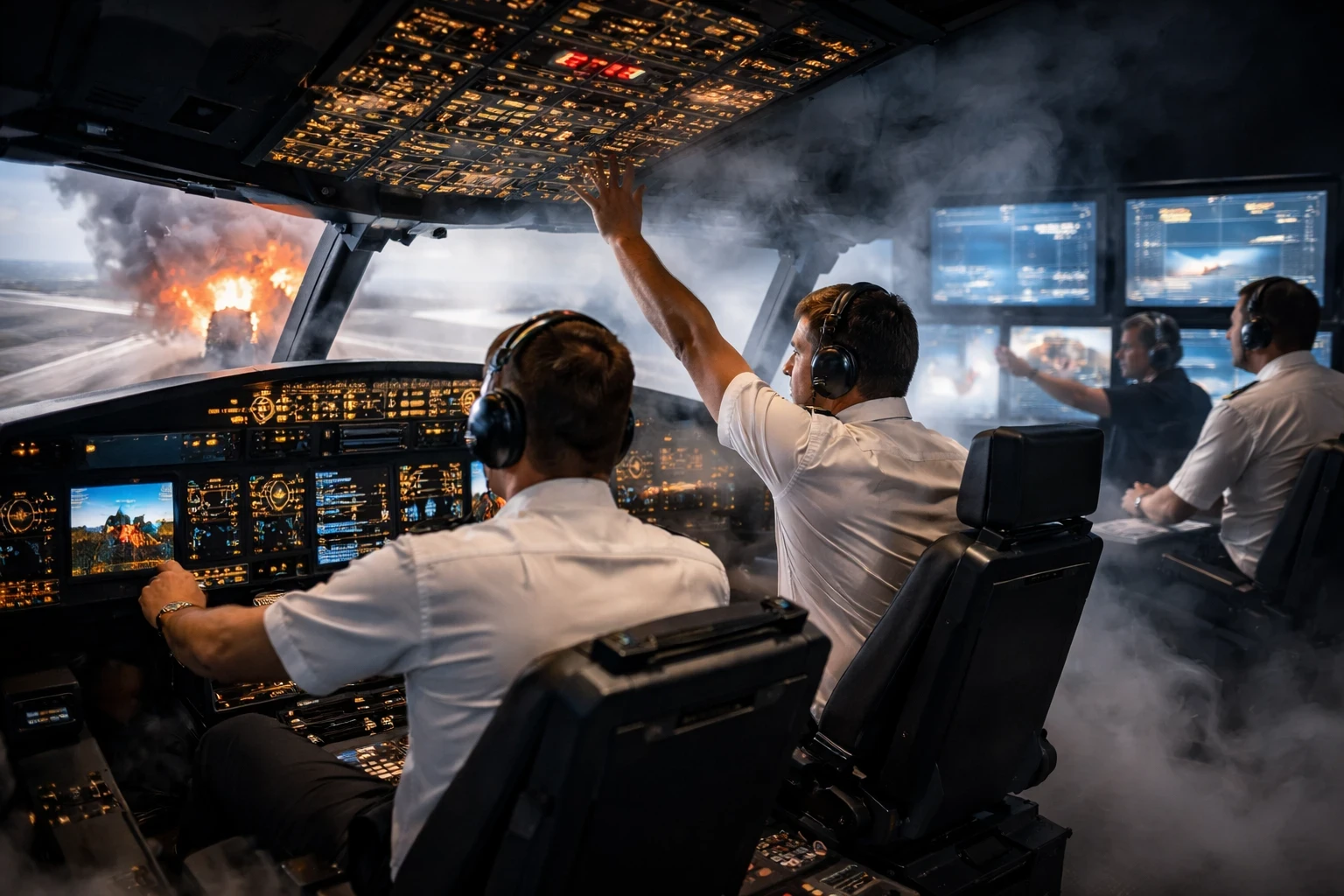 Inside a flight simulator, two pilots in uniform respond urgently to an inflight emergency scenario, with fire and smoke visible outside the simulated cockpit. Smoke fills the simulator cabin as instructors monitor data on large screens behind them.
