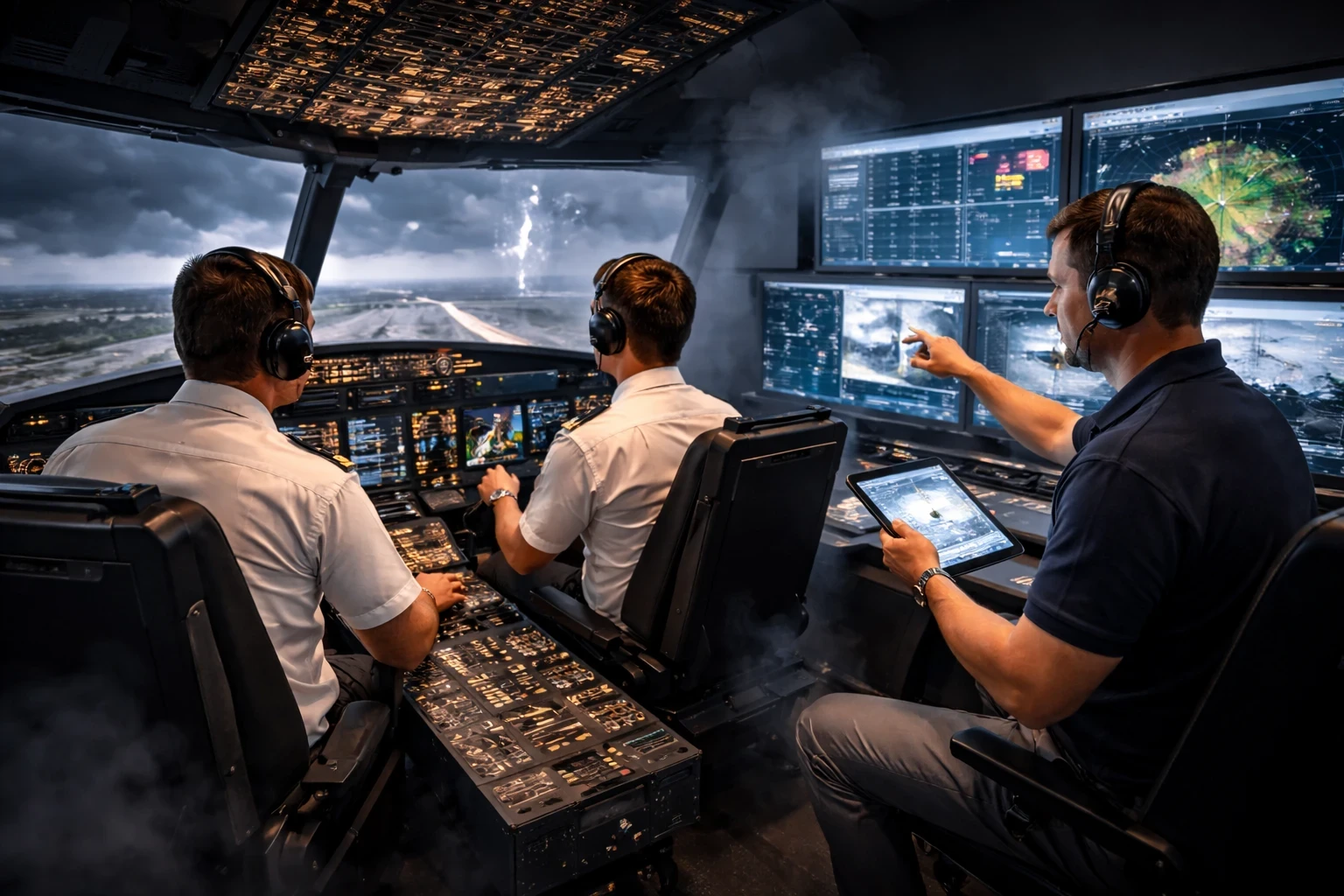 In a full-flight simulator, two commercial pilots practice flying through a storm while an instructor monitors data on multiple screens and a tablet. The team navigates turbulent weather, emphasizing coordination and decision-making in a realistic training scenario.
