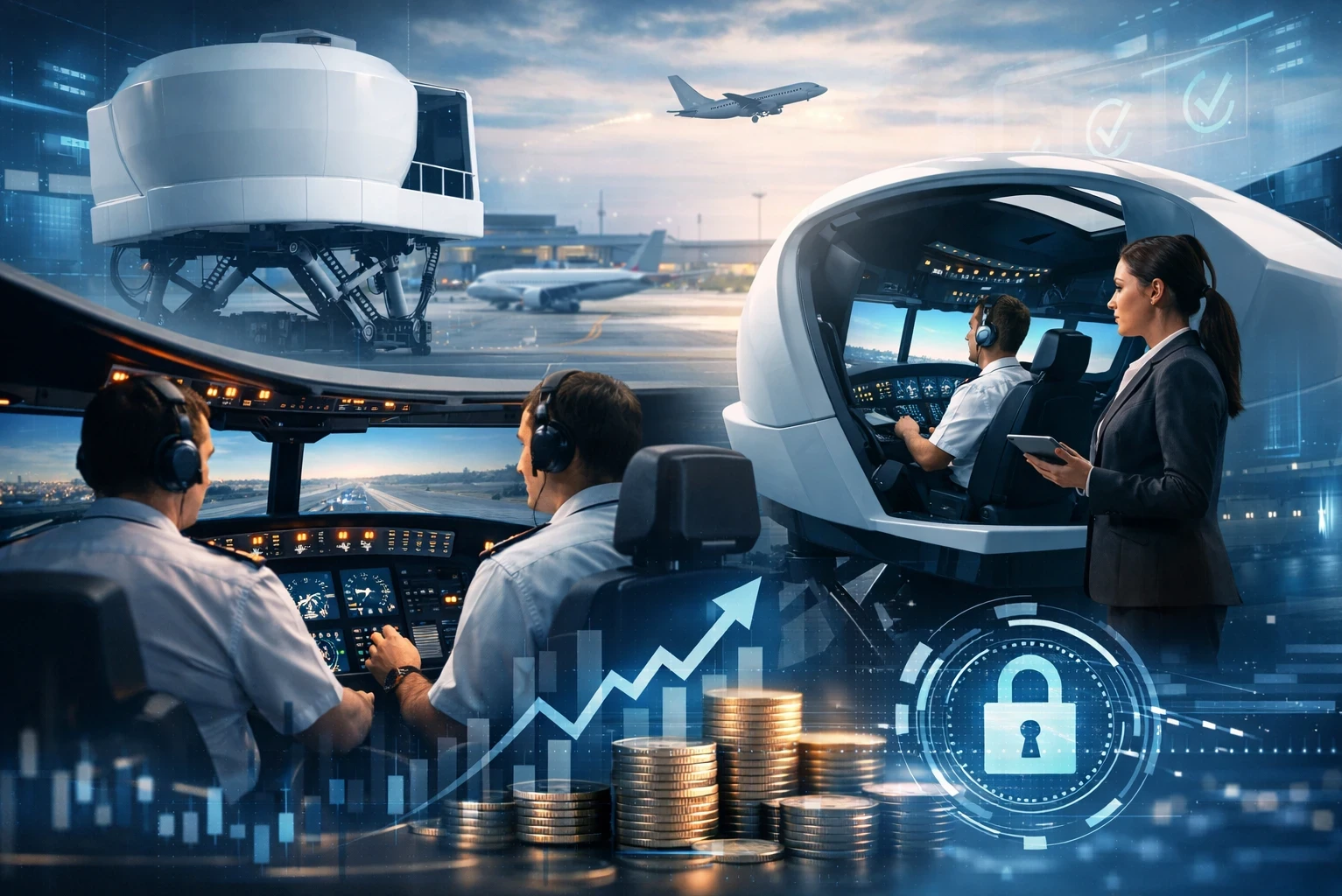 A modern airline training scene showing pilots using advanced simulators, a female instructor monitoring compliance, stacks of coins representing cost-efficiency, and digital security icons in a futuristic airport setting.