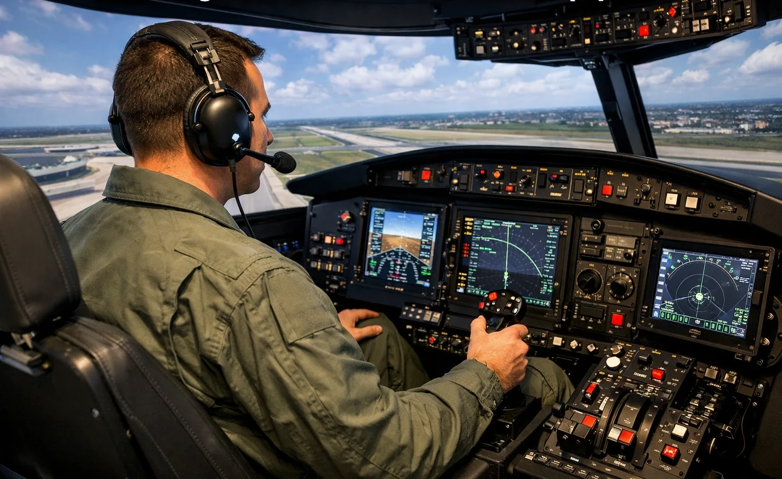 Pilot training in a custom home flight simulator with advanced controls, avionics displays, and realistic cockpit setup.