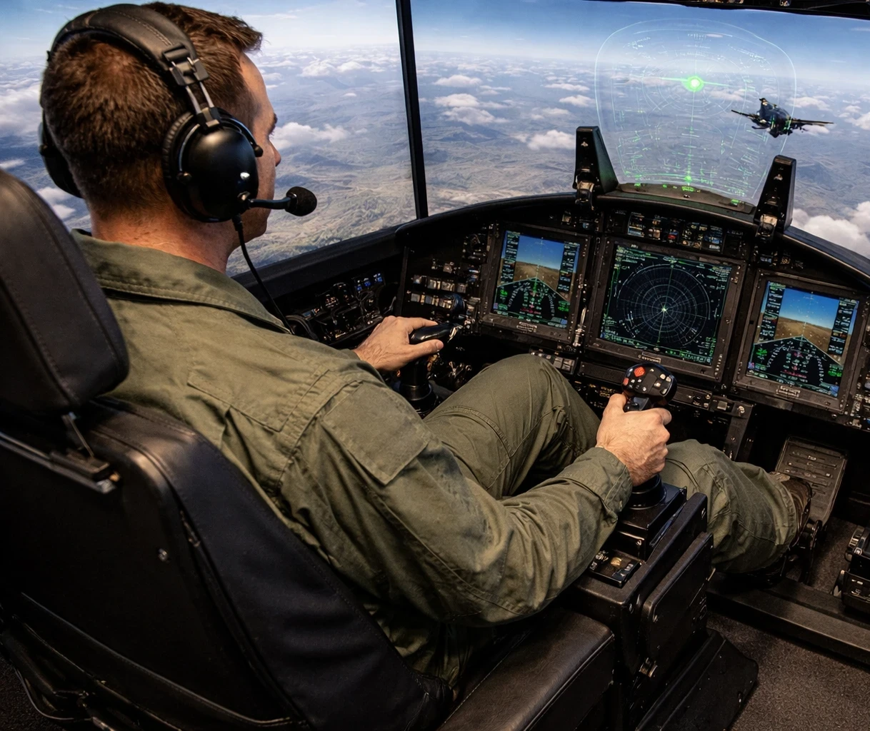 Flight simulator pilot using HOTAS controls and rudder pedals to improve reaction time, coordination, and precision during advanced training.