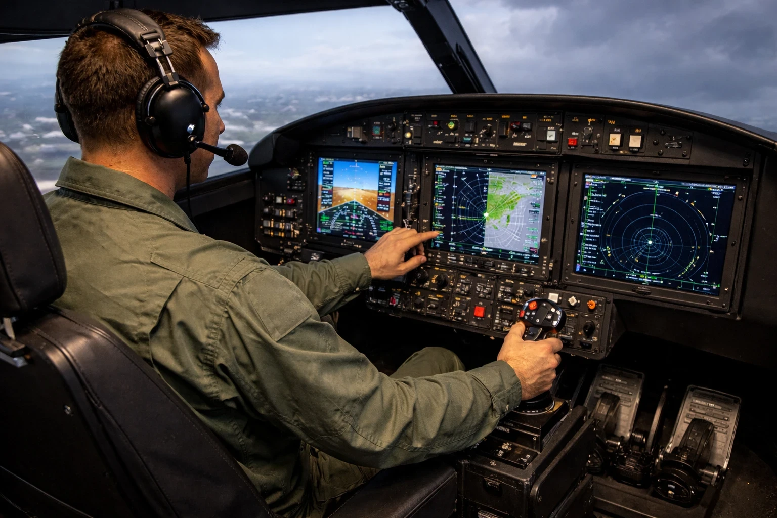 Pilot practicing IFR procedures in a flight simulator using custom avionics, navigation displays, and realistic cockpit workflows.