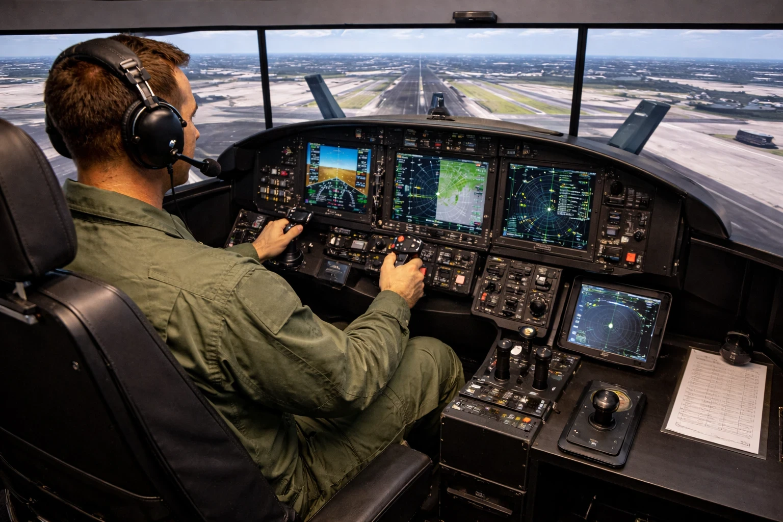 Pilot training in a flight simulator using a multi-monitor setup to build muscle memory and simulate real-world flight operations.