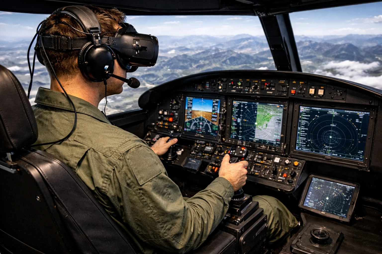 Pilot using head and eye tracking technology in a flight simulator to enhance situational awareness and immersive training.