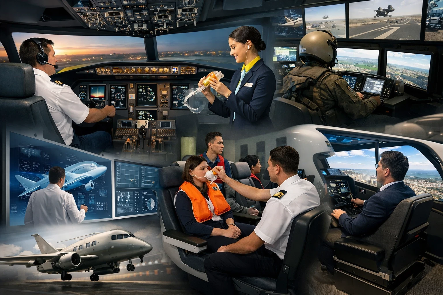 A composite image showing diverse corporate uses of flight simulators, including a commercial airline pilot in a full-motion cockpit simulator, a flight attendant training cabin crew on safety procedures, a business jet pilot in a corporate sim, a military pilot in a combat mission simulation, and aviation engineers analyzing aircraft systems in a digital interface.