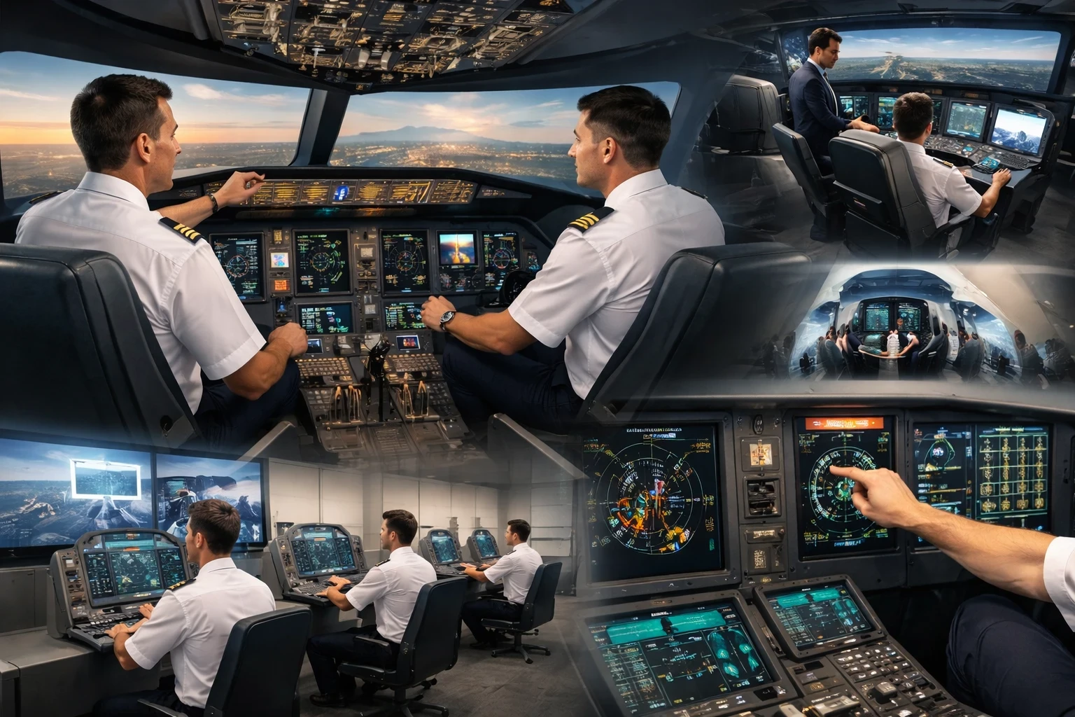 A high-quality composite image showing airline pilots training inside advanced full-motion flight simulators, with instructors supervising cockpit procedures, pilots practicing emergency scenarios, and detailed avionics displays used for professional pilot training programs.