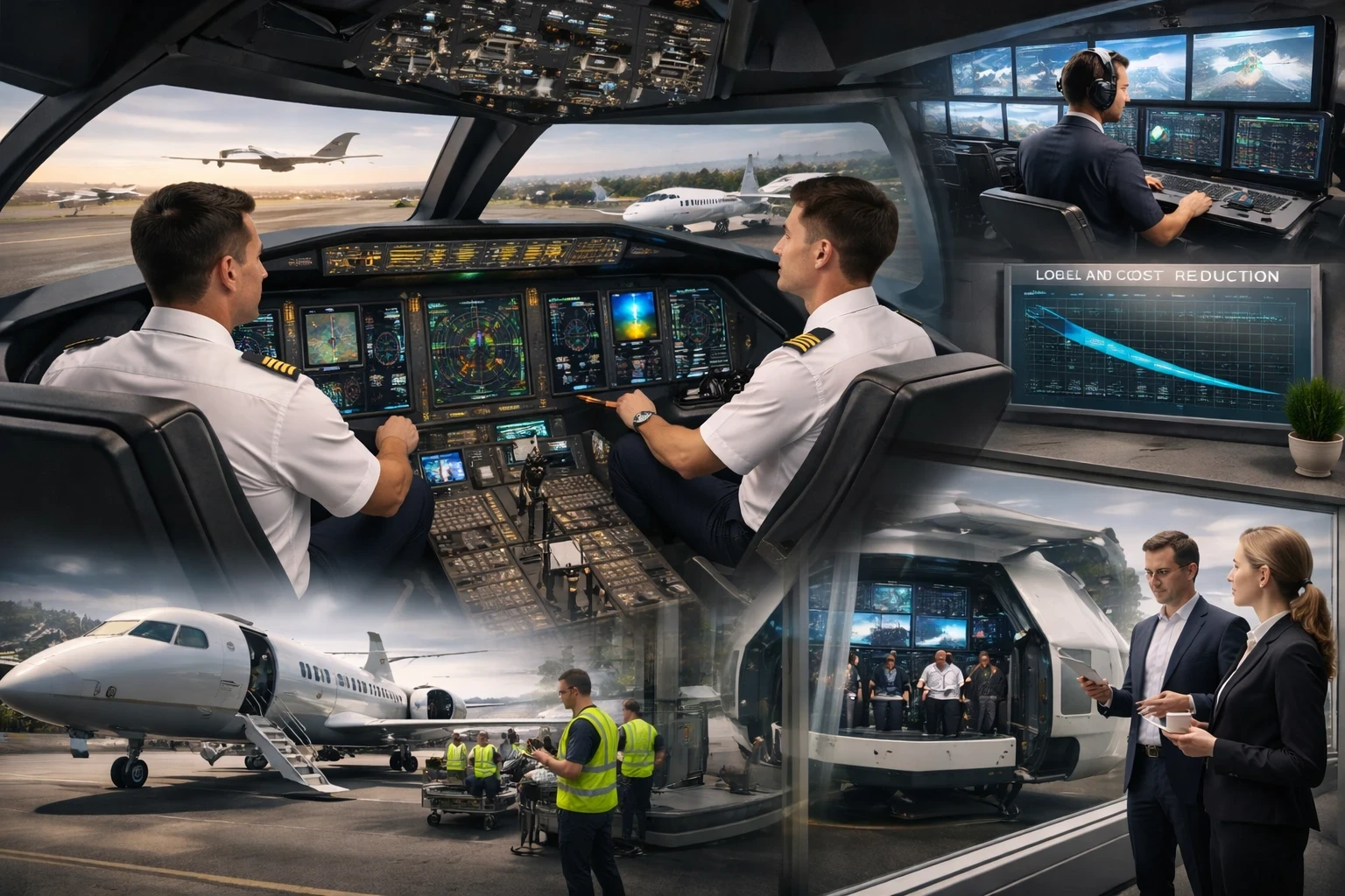 A high-quality composite image showing corporate use of flight simulation technology, including pilots training in a simulator cockpit, a technician monitoring flight data, ground crew servicing a business jet, and executives observing simulation sessions—all reflecting streamlined operations and cost-saving strategies in modern aviation.