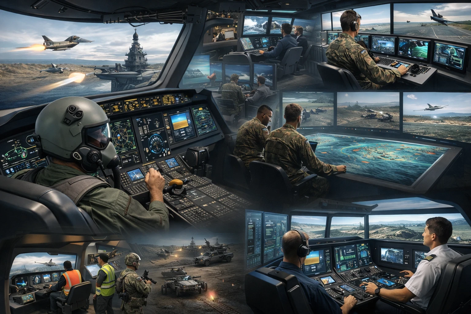 A high-quality composite image illustrating military use of simulation technology, featuring a fighter pilot in a simulator cockpit, drone operators managing remote missions, tactical teams using large digital maps for battlefield planning, and defense personnel coordinating air and ground operations in high-tech environments.