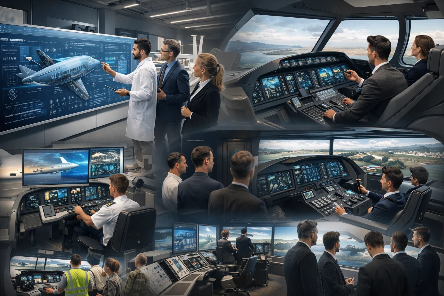 A high-quality composite image showing simulation technology in aviation manufacturing and marketing, with engineers and executives analyzing aircraft prototypes on interactive digital displays, professionals testing virtual cockpit environments, and corporate teams engaging with advanced flight simulators for design, development, and promotional purposes.