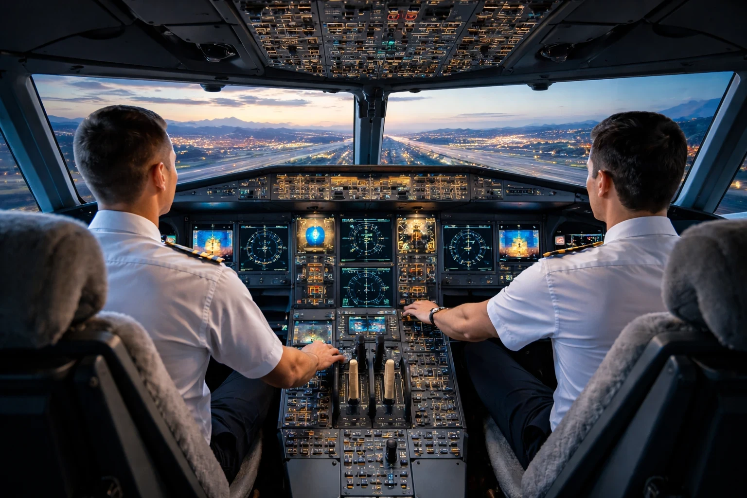 Two pilots inside a full-motion flight simulator of a modern airliner, seated in a realistic cockpit with illuminated instruments, approaching a runway at sunset, simulating real-world flight conditions for type rating training.