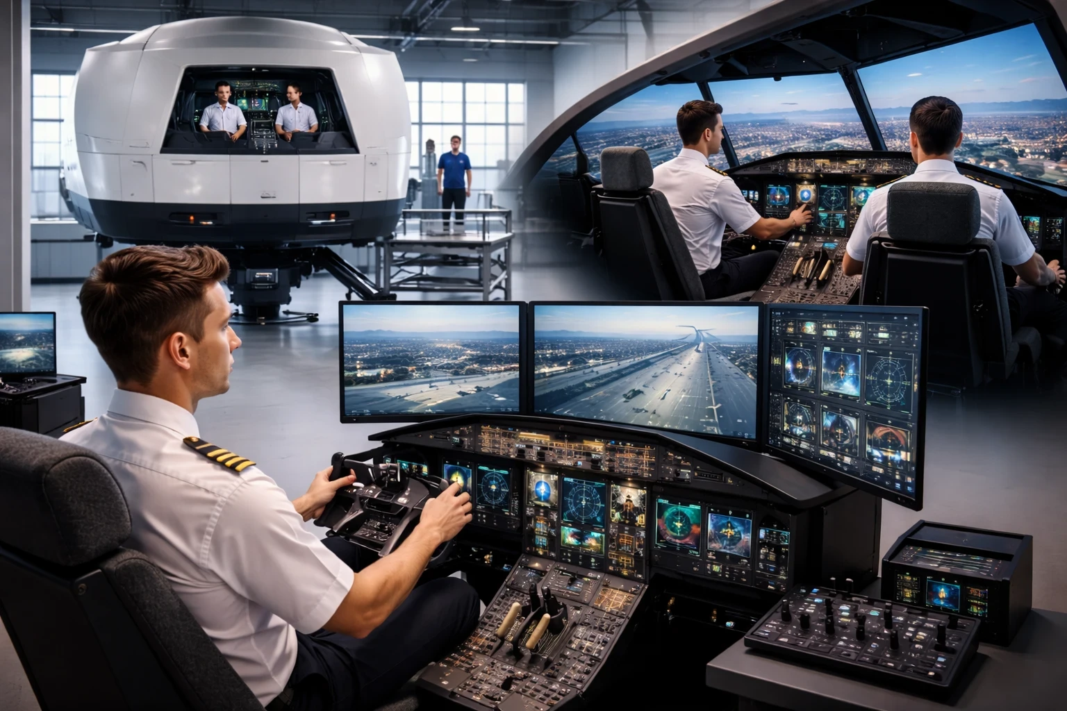 A modern flight training center showcasing the evolution of pilot simulation, with a pilot using a home simulator in the foreground, a pair training in a fixed-base cockpit, and a full-motion simulator operating in the background—highlighting how technology supports every stage of pilot development.
