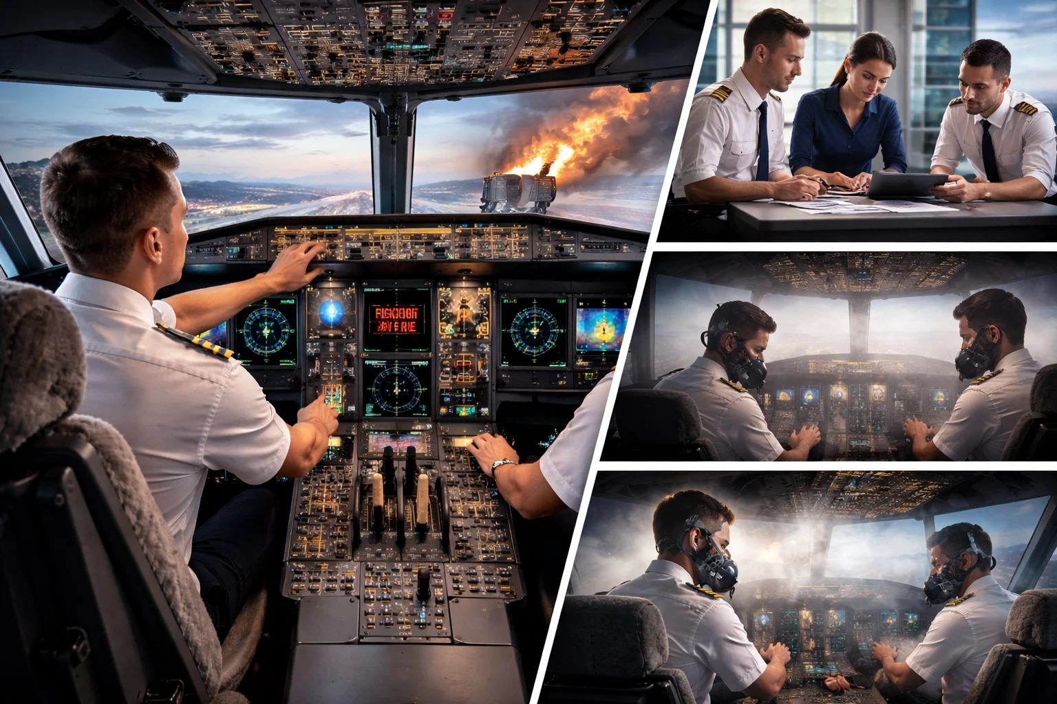 A high-resolution image collage showing pilots in a full-motion flight simulator responding to an engine fire, debriefing with an instructor, and wearing oxygen masks during a smoke-filled emergency scenario—illustrating CRM and emergency response training in high-pressure situations.