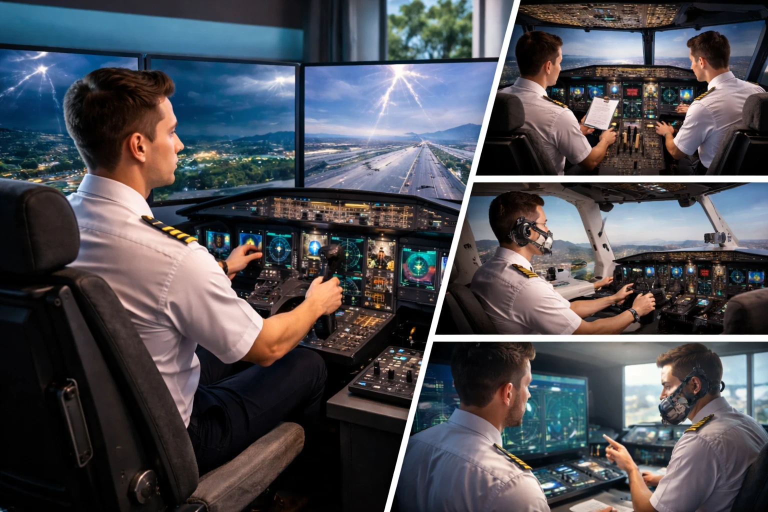 A high-resolution image of a focused pilot trainee using a home simulator setup with multiple monitors, checklists, and realistic flight controls—practicing complex scenario-based maneuvers to reinforce adaptability and decision-making skills beyond formal training.