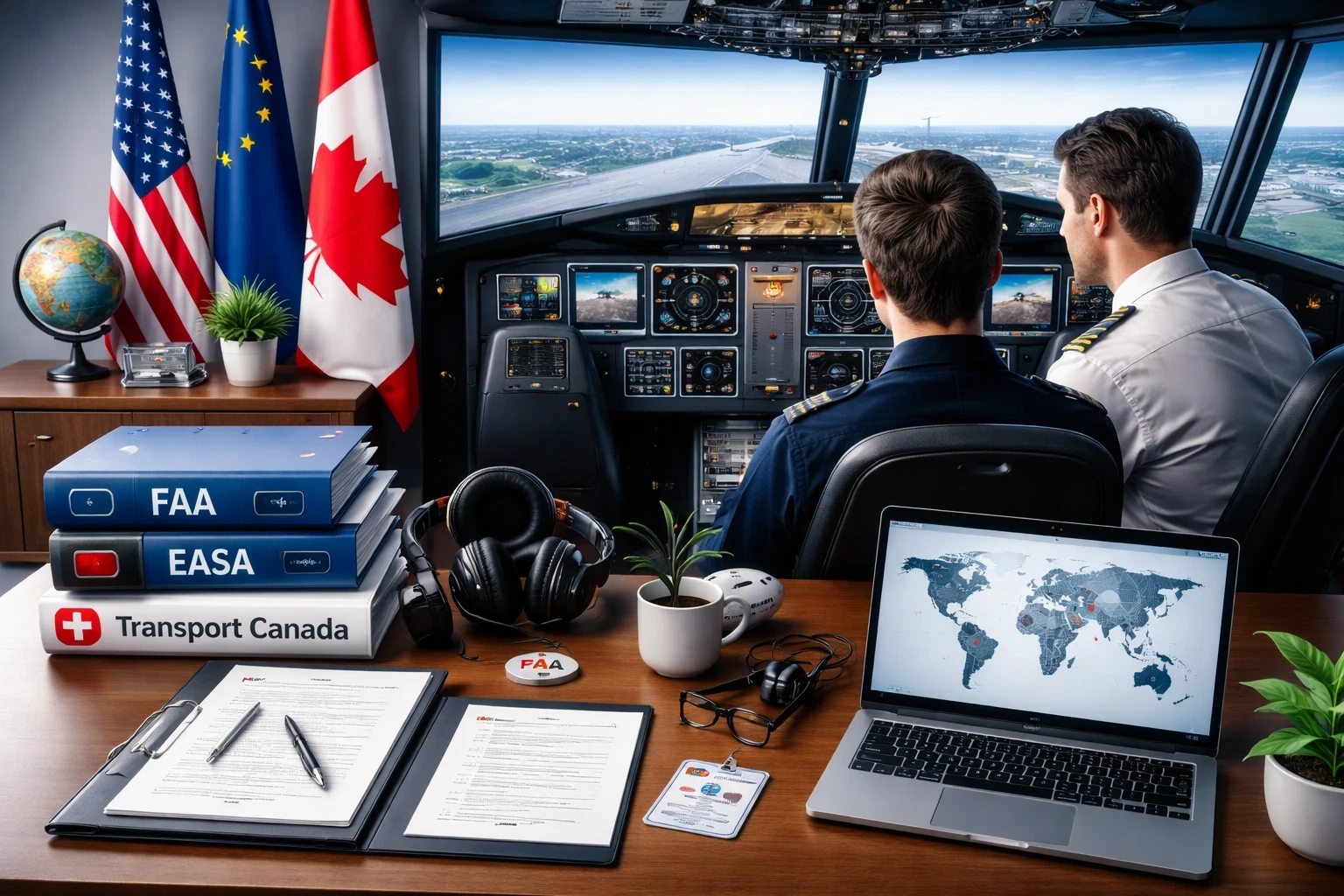 Flight simulator instructor guiding a student pilot inside a modern cockpit, with aviation regulation binders labeled FAA, EASA, and Transport Canada on a nearby desk alongside international flags and compliance documents.
