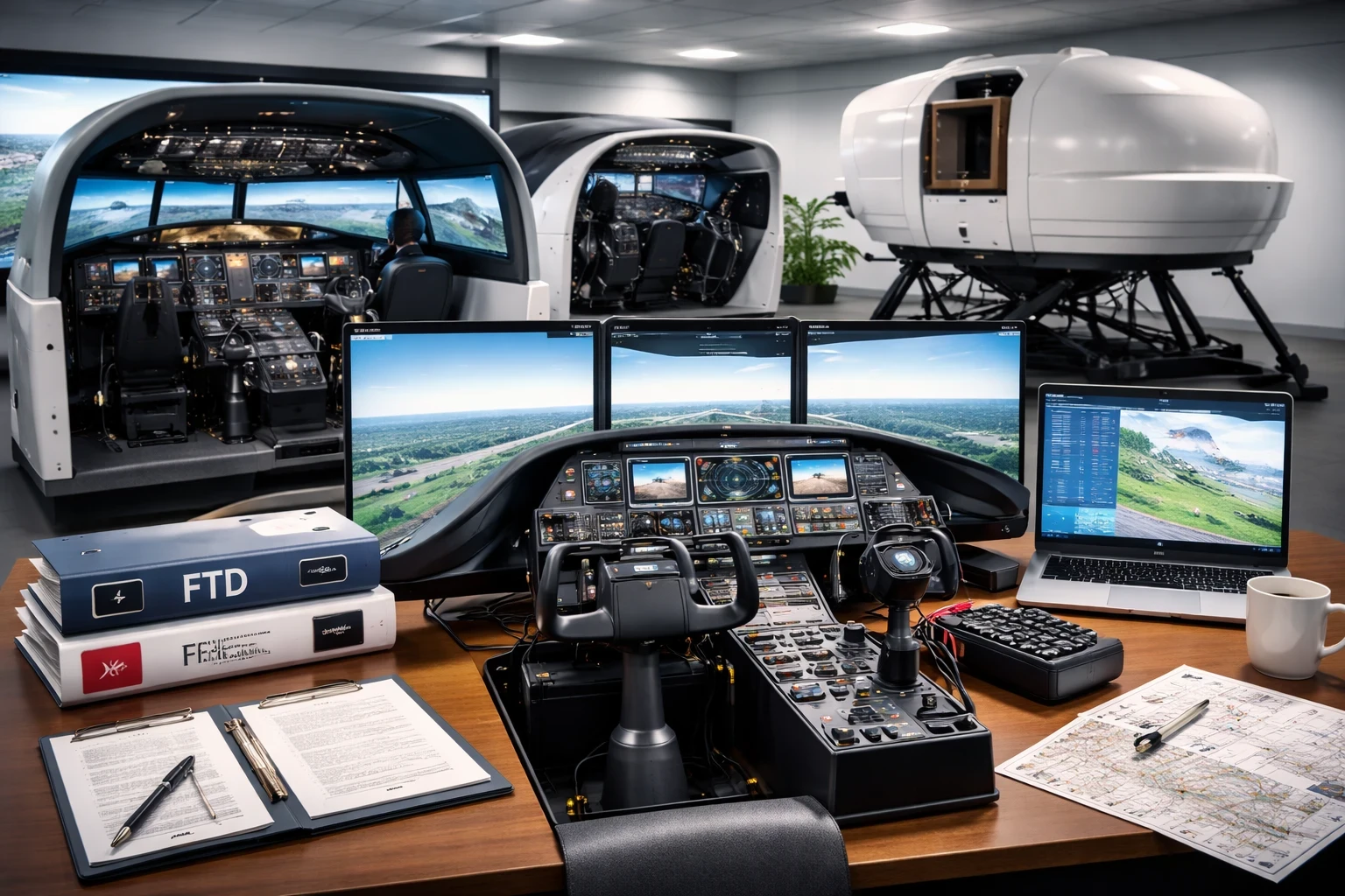 A professional flight simulation facility showcasing a desktop simulator in the foreground, with labeled binders for FTD and FFS, and full-motion and mid-level training simulators in the background, representing various simulator categories and training applications.