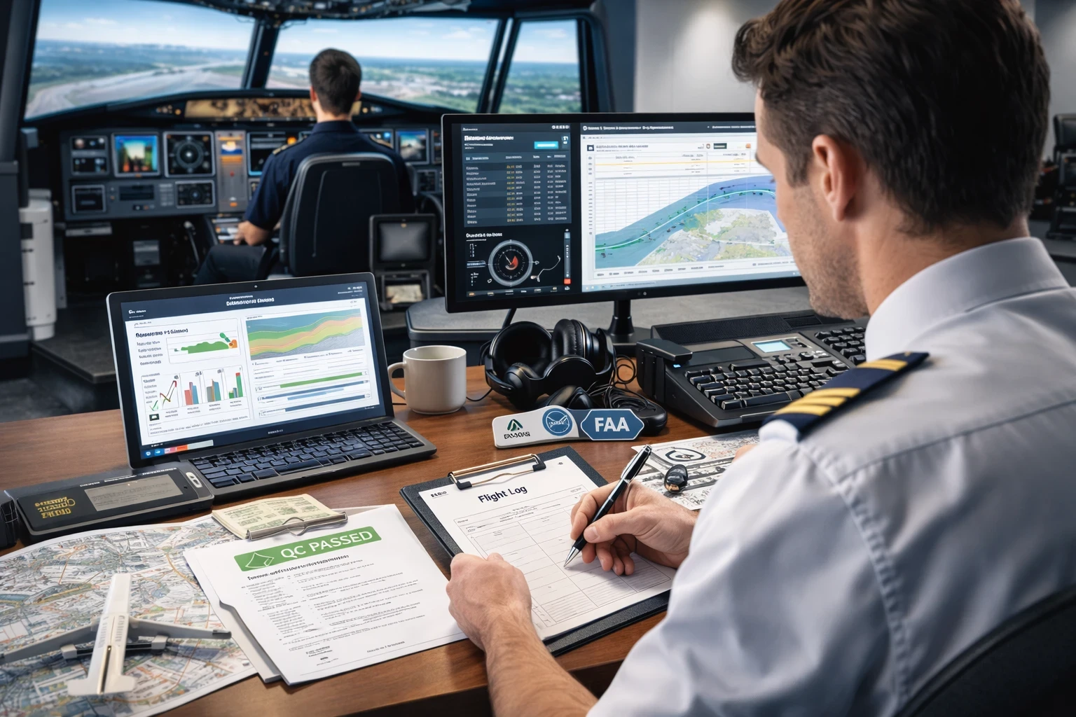 Flight instructor monitoring a student in a certified flight simulator, surrounded by evaluation tools including flight data screens, a clipboard log, FAA compliance indicators, and maintenance reports, illustrating key components of professional sim training.