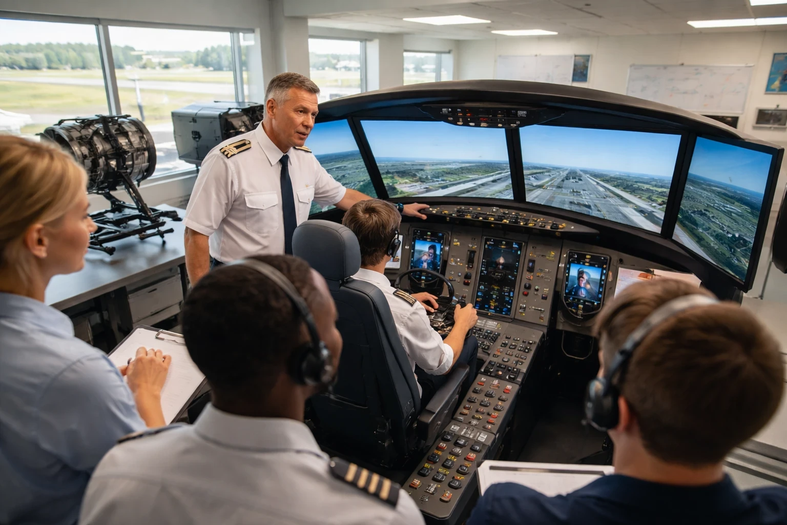 Flight instructor guiding a diverse group of university students during a simulator training session in a modern classroom, with a realistic cockpit setup and educational aviation tools in the background.
