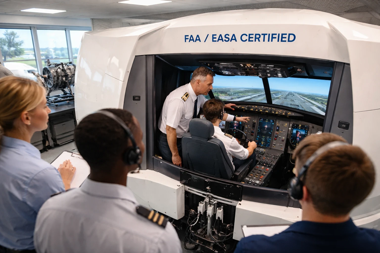 Aviation instructor guiding a student inside an FAA- and EASA-certified flight simulator while university aviation students observe, highlighting the use of certified simulators for advanced pilot training and industry-aligned education.