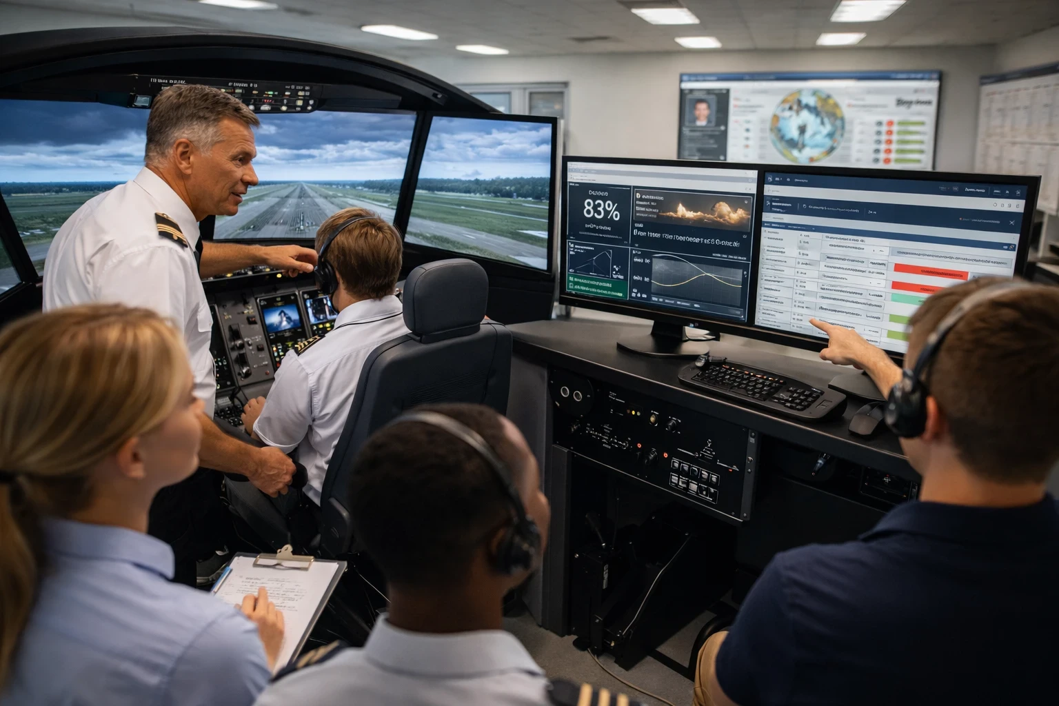 Flight instructor overseeing a simulator training session with university students, as one student pilots and another points to performance metrics on dual monitors displaying evaluation data and scoring insights.