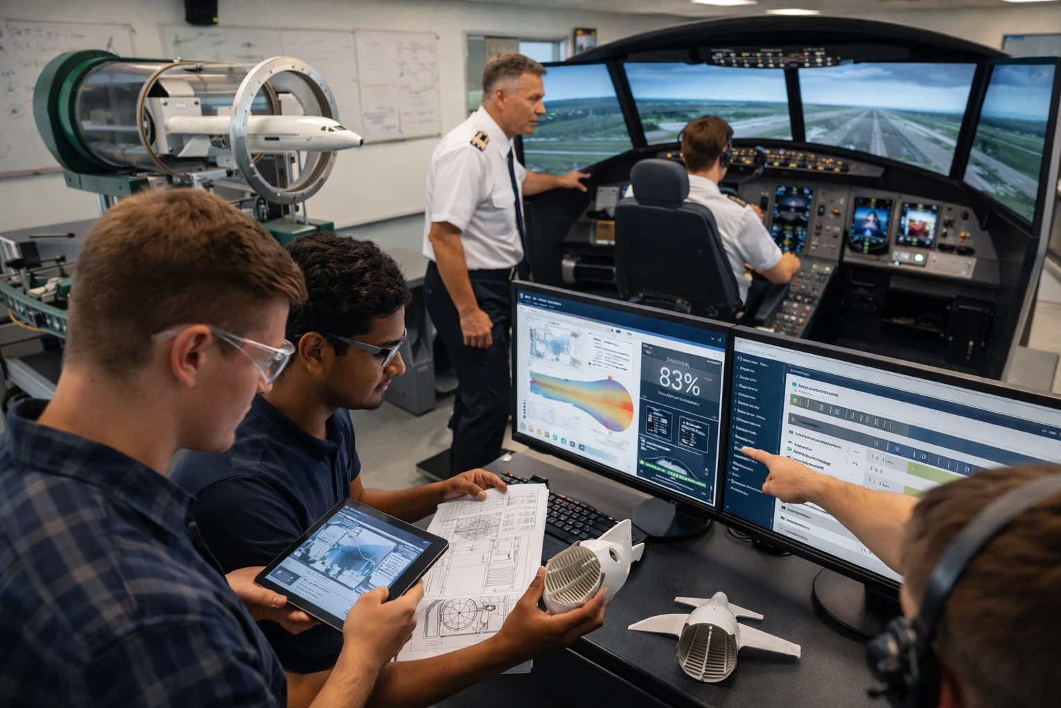 Engineering and aviation students collaborating in a university lab, using a flight simulator alongside wind tunnel equipment and digital analysis tools for research and development in aviation systems.