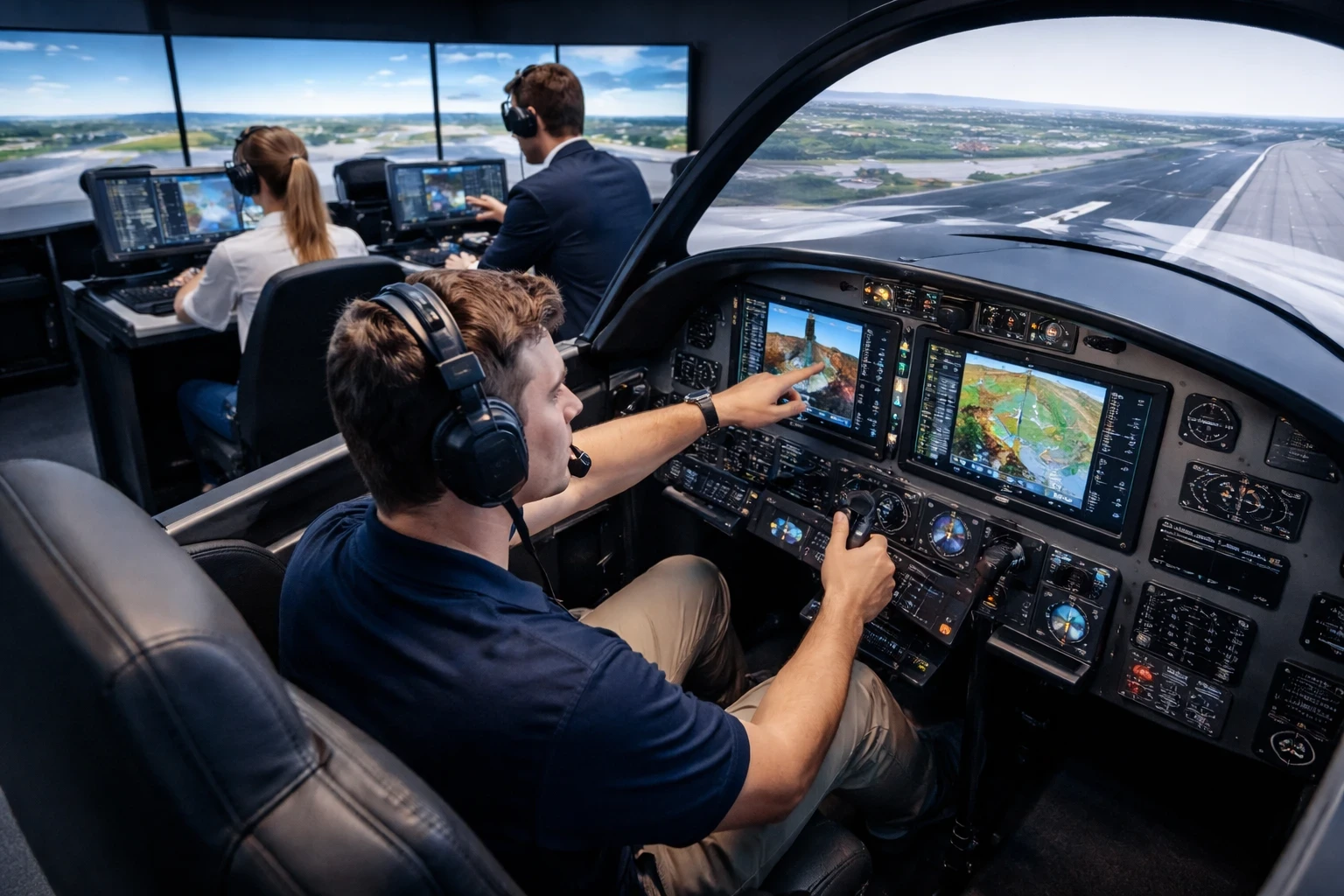 A modern flight training center with students using advanced flight simulators, including a full-motion cockpit and desktop simulation setups, guided by an instructor.