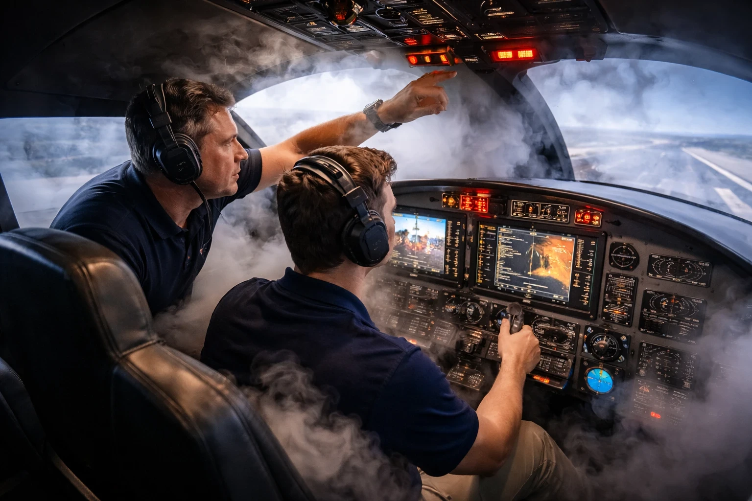 A student pilot and instructor practicing an emergency scenario inside an advanced flight simulator, demonstrating risk-free training and enhanced aviation safety.