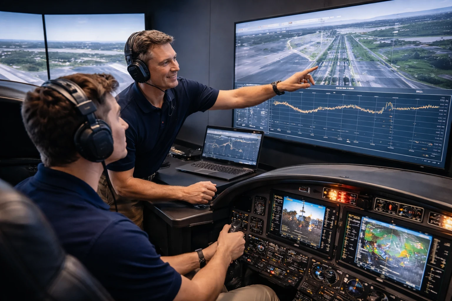 A flight instructor and student pilot reviewing simulator performance data on a large screen during debrief, with cockpit instruments and digital flight metrics visible in a modern training center.