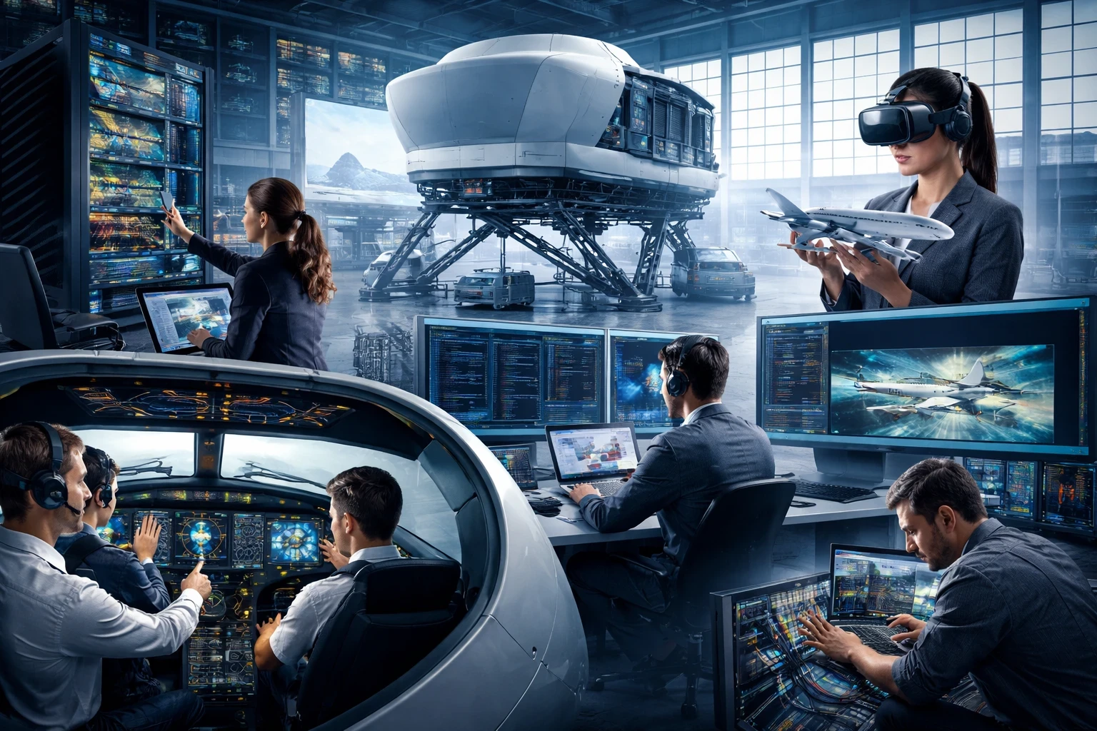 Multiple simulation industry roles shown together: a cockpit instructor, software developer coding flight models, a technician managing server systems, and a 3D artist designing aircraft environments.