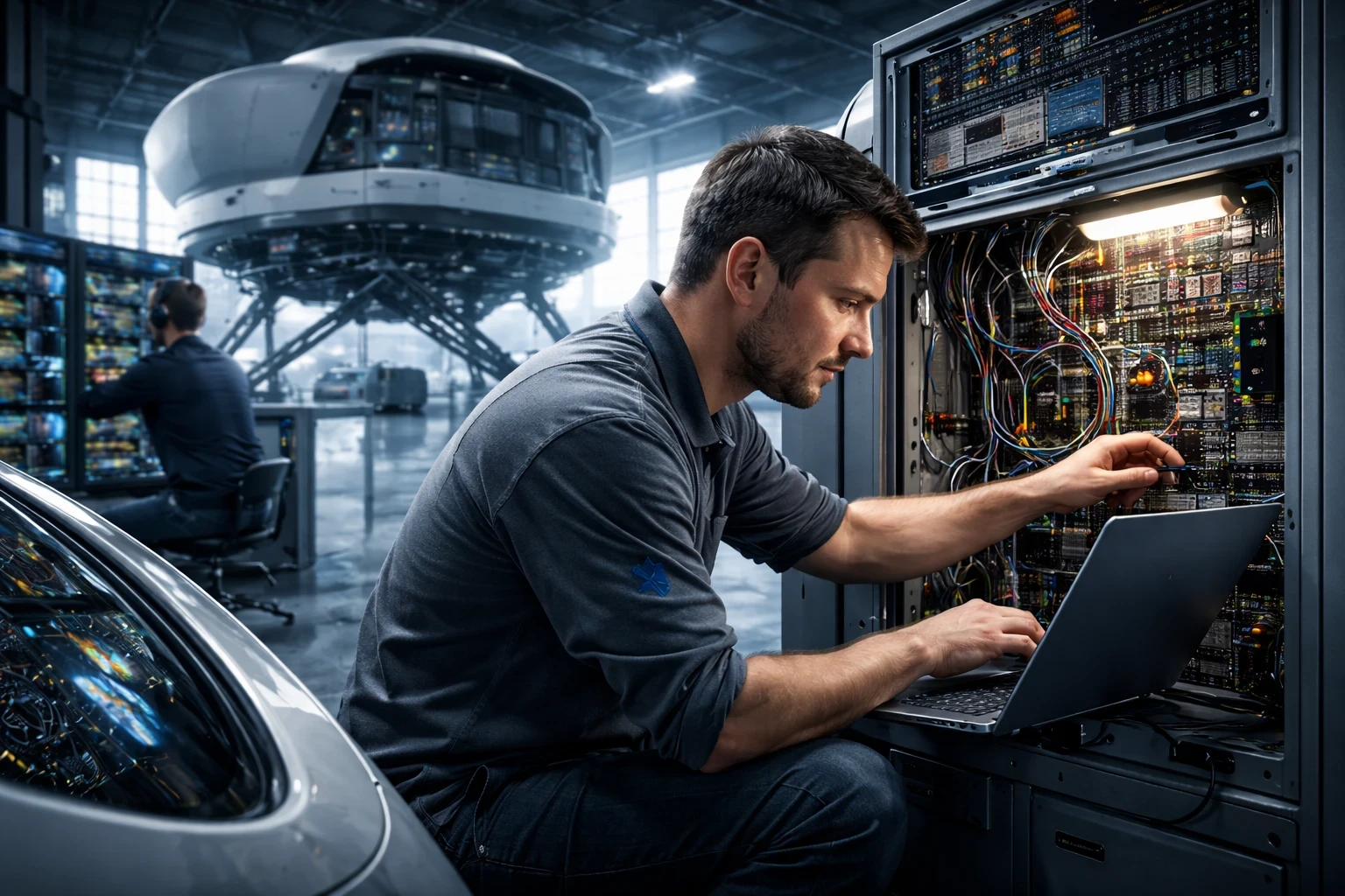 A flight simulator technician working on avionics and server systems inside a modern simulation facility, maintaining hardware and software used for professional pilot training.