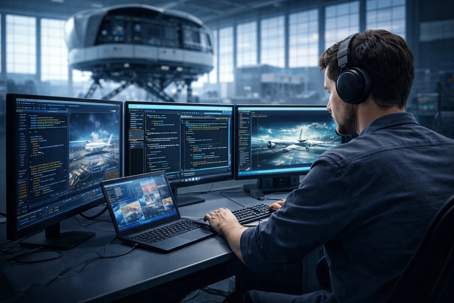 A simulation software developer working at a multi-monitor setup with flight sim code, 3D aircraft visuals, and cockpit data, inside a modern aviation training facility with a full-motion simulator in the background.