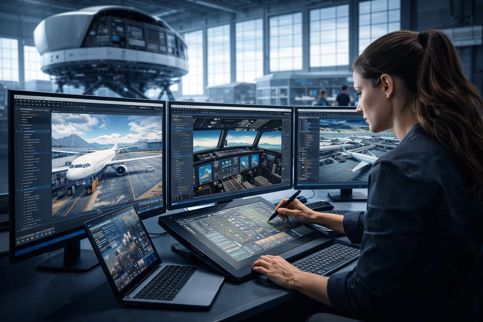 A female 3D artist working at a digital tablet with multiple monitors displaying realistic cockpit, airplane, and airport models, inside a modern flight simulator development facility.