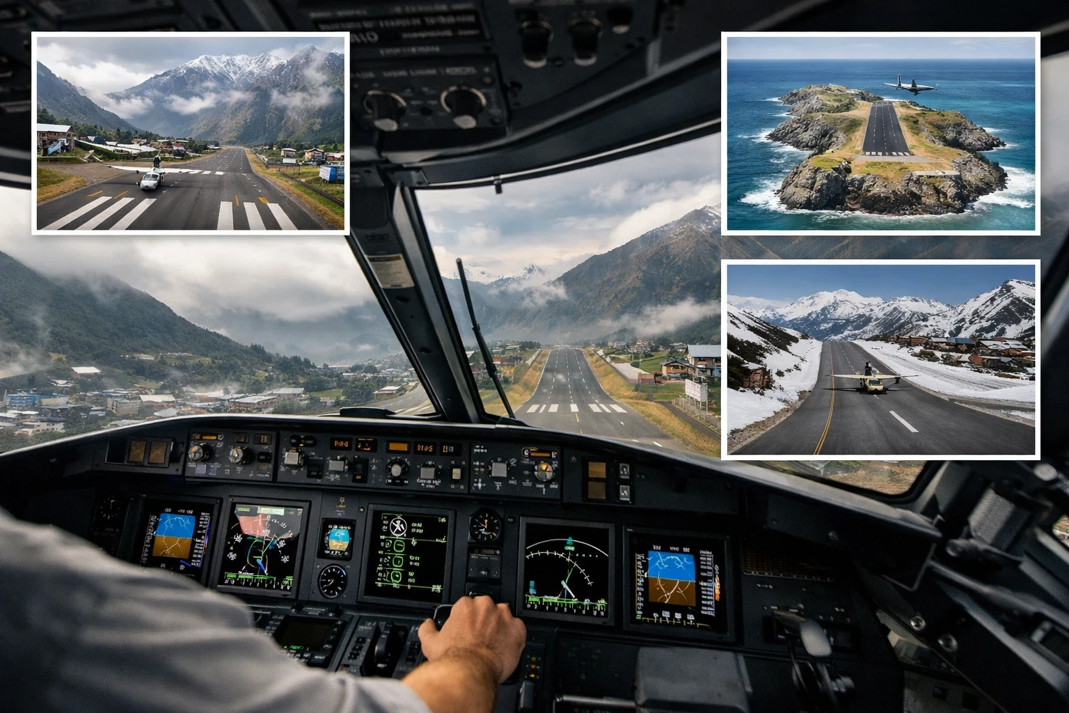Cockpit view of an aircraft approaching a short mountainous runway, showcasing uncommon airports used in flight simulators to practice difficult landings.