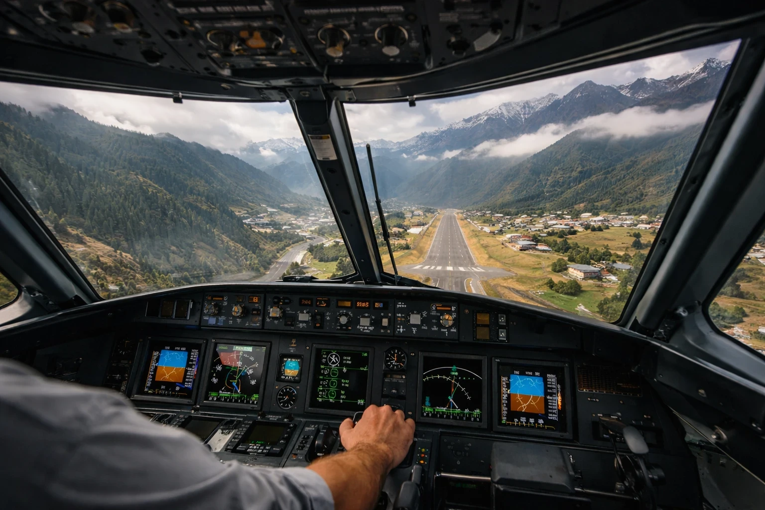 Cockpit view during a challenging approach into a mountain valley airport, illustrating visual illusions and terrain effects faced by pilots in flight simulation.