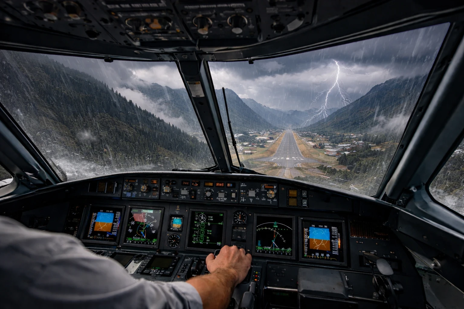 Cockpit view of an aircraft descending into a mountainous airport during stormy weather, highlighting the challenges of navigating weather and terrain constraints in flight simulation.