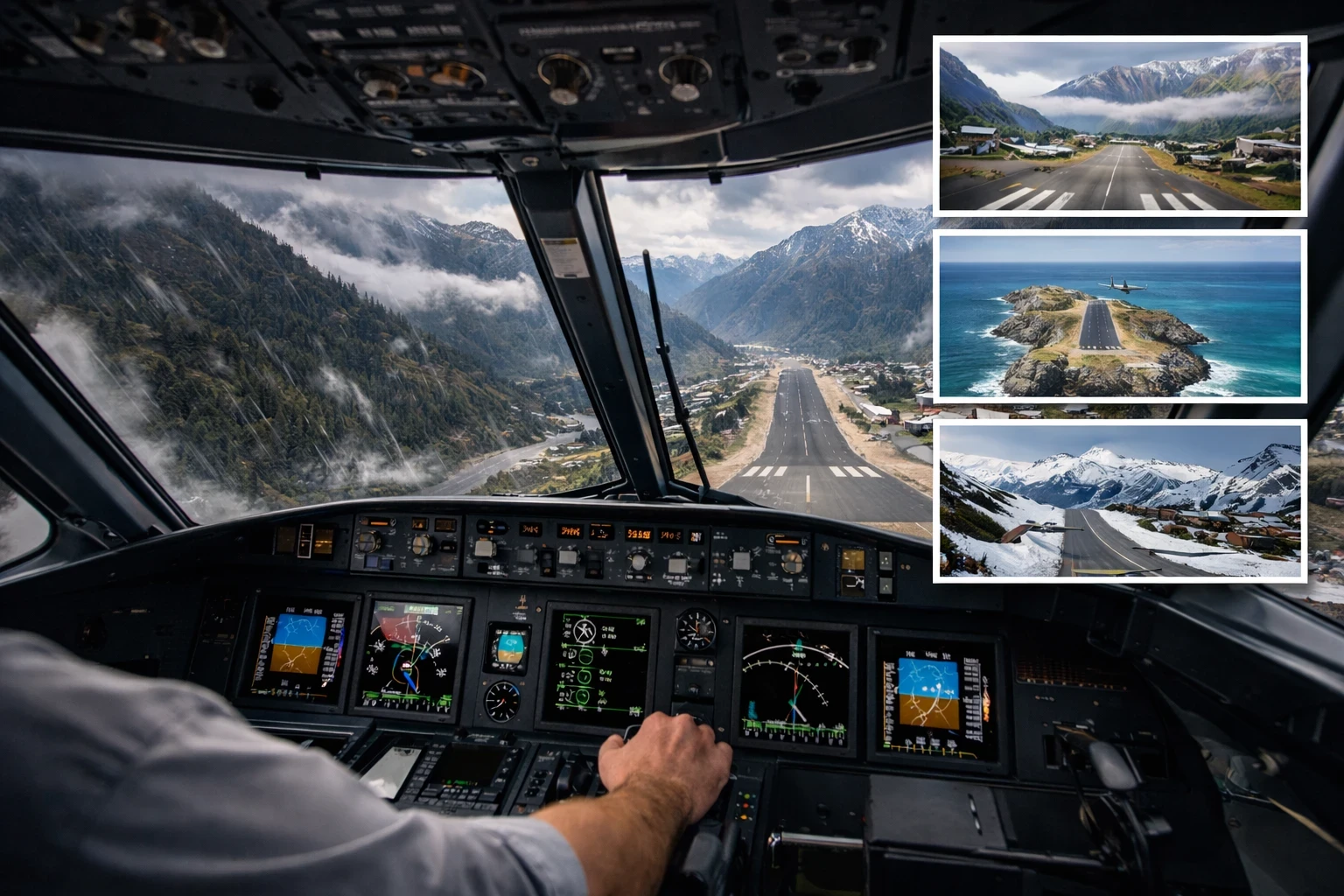 Cockpit view approaching a challenging mountain airport, representing how uncommon airports help build pilot competency and real-world flying skills in flight simulation.