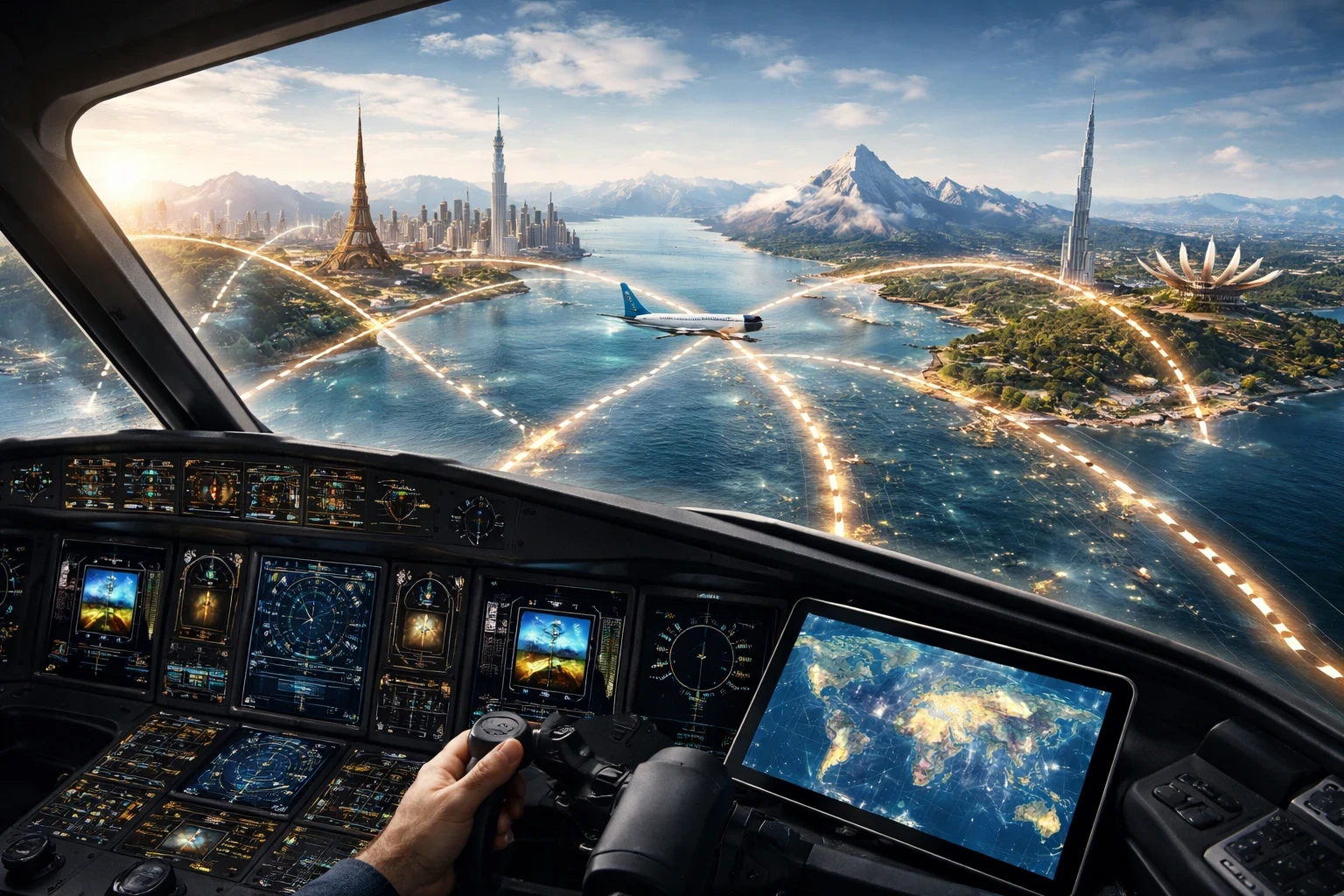 Cockpit view of an aircraft flying global aviation routes, illustrating iconic long-haul and regional flight paths explored through flight simulation.