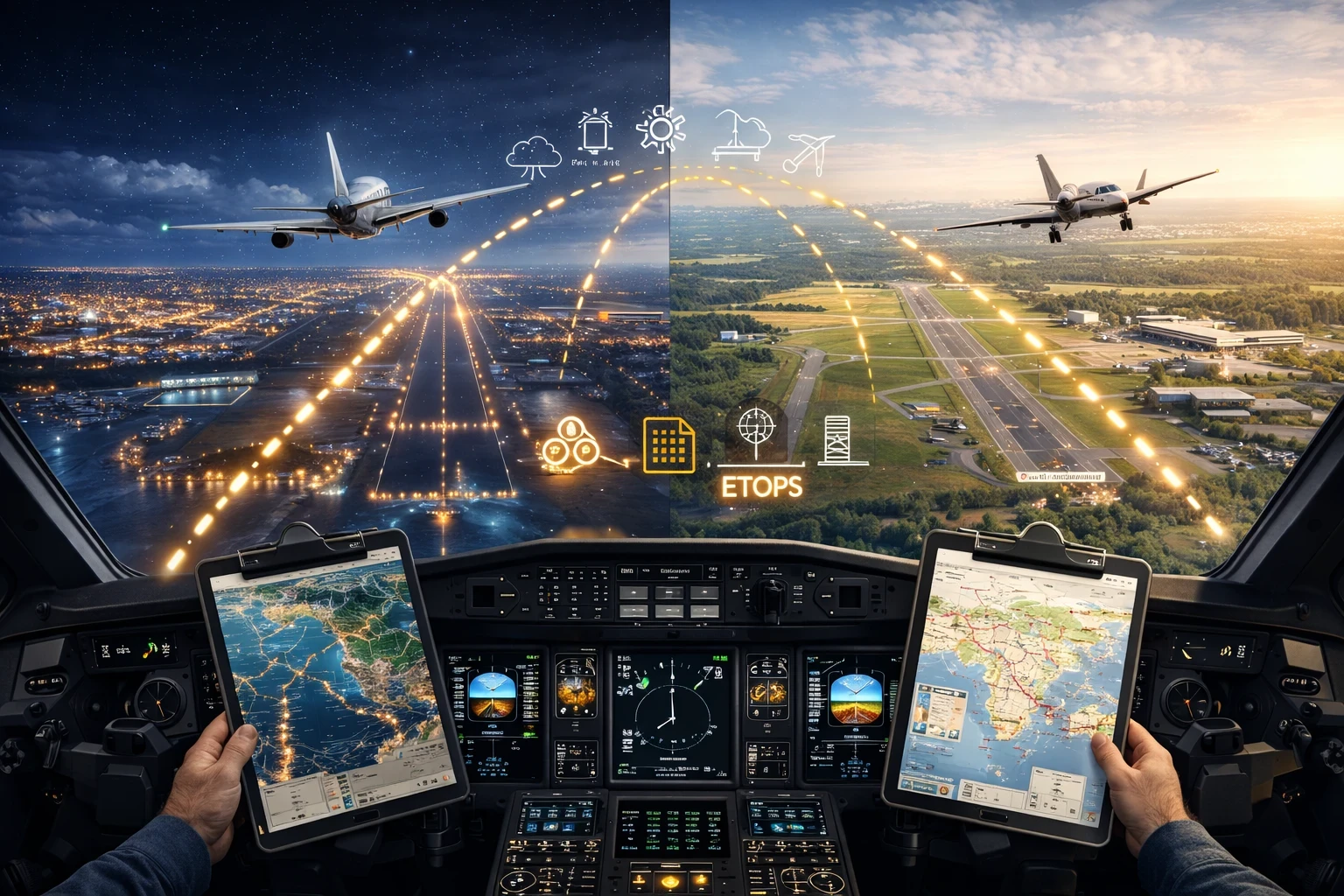 Cockpit view comparing long-haul and regional flight planning, showing differences in route length, fuel management, and navigation in flight simulation