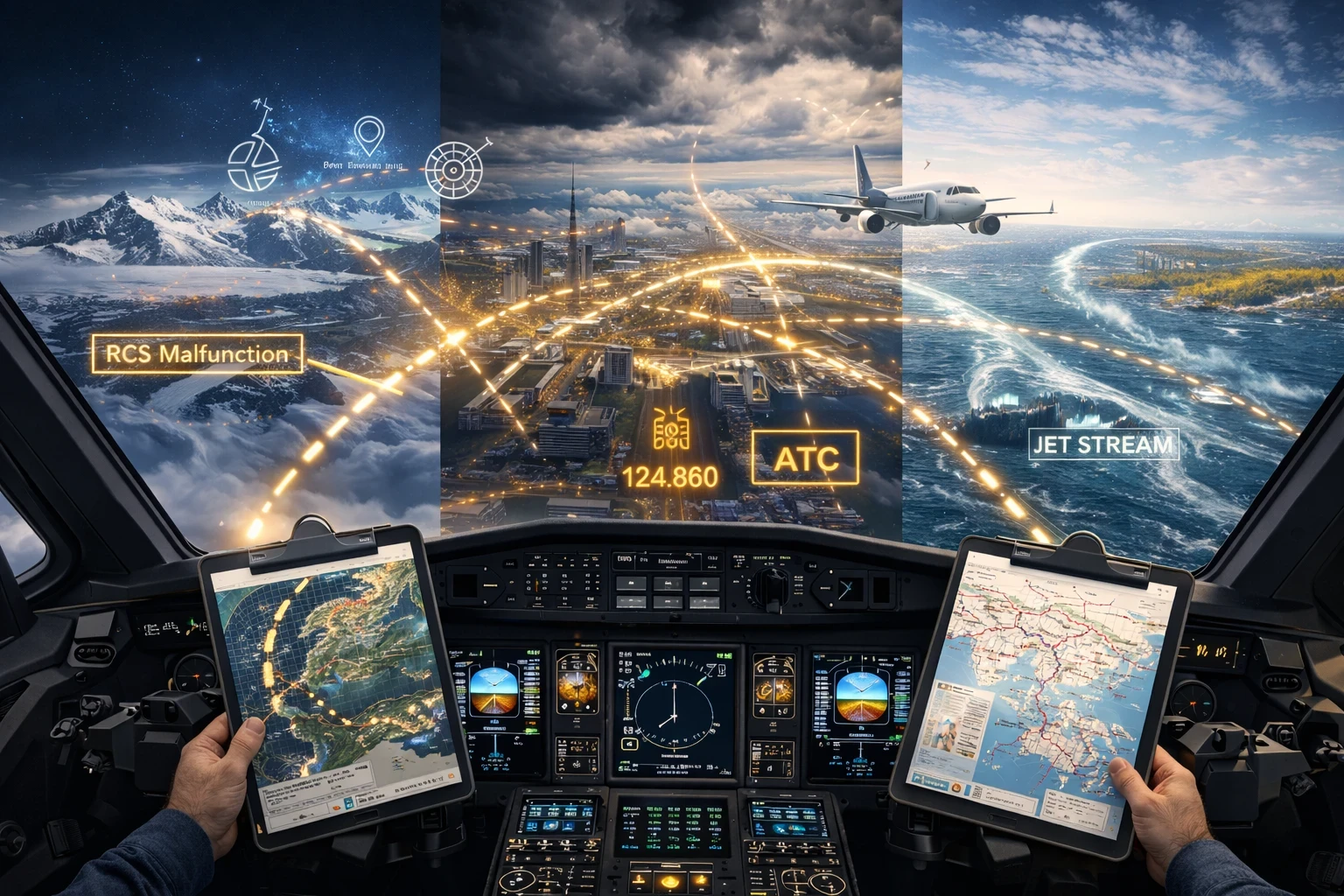 Cockpit view showing navigation challenges across different regions, including polar routes, busy airspace, and oceanic crossings in flight simulation.