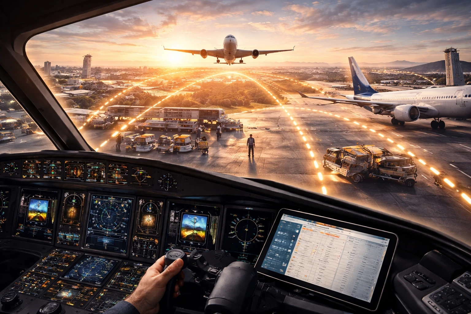 Cockpit view blending flight simulation and real-world aviation, showing how simulated flying enhances understanding of airline operations and aviation appreciation.