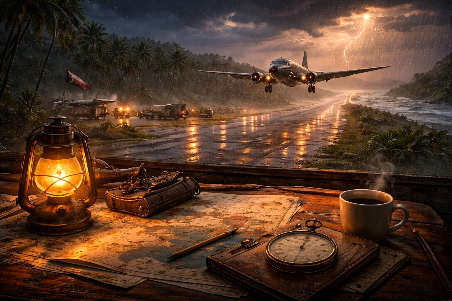Vintage aircraft approaching a rain-soaked tropical runway during a storm, with maps, lantern, and navigation tools in the foreground, illustrating historical flight schedules and environmental challenges.