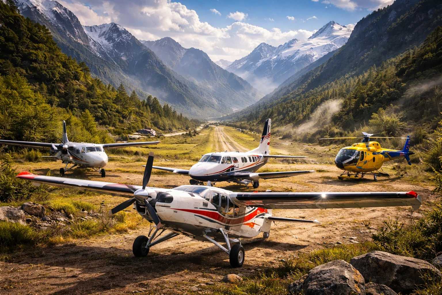 Four specialized aircraft—the Kodiak 100, Twin Otter, King Air 350i, and Airbus H125—parked on a remote mountain airstrip surrounded by steep valleys, representing aircraft choices for diverse terrain and climate in flight simulation.