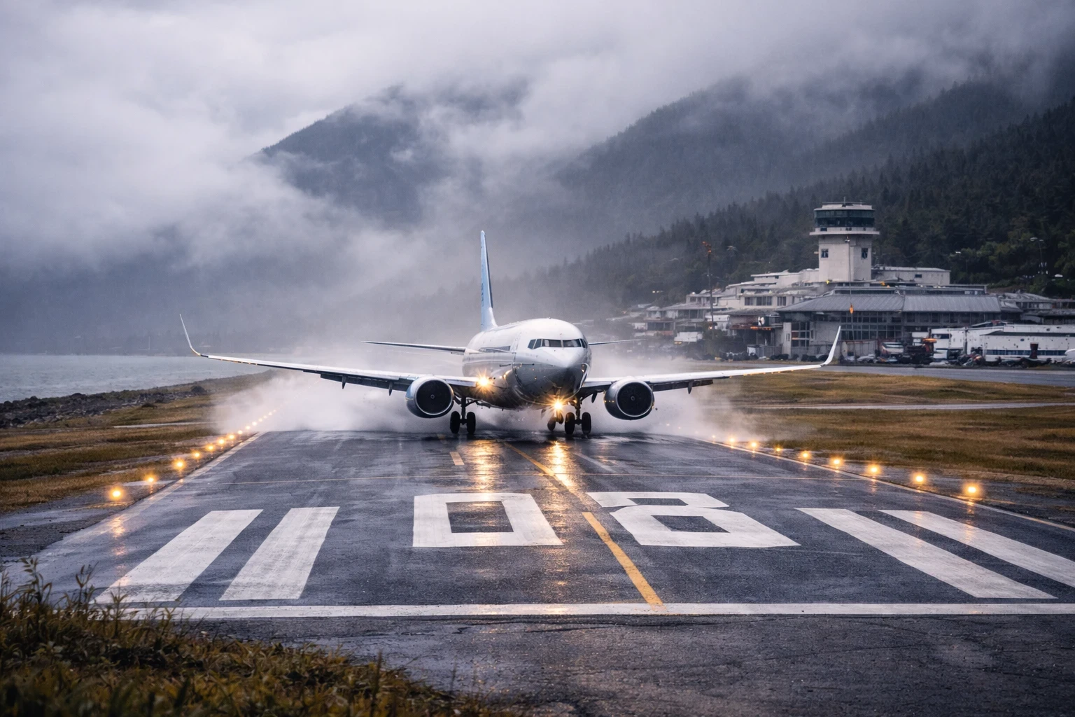 Boeing 737 landing at the beginning of Runway 08 at Juneau International Airport in foggy, low-ceiling weather, with mist, wet pavement, and mountains partially hidden in the background.