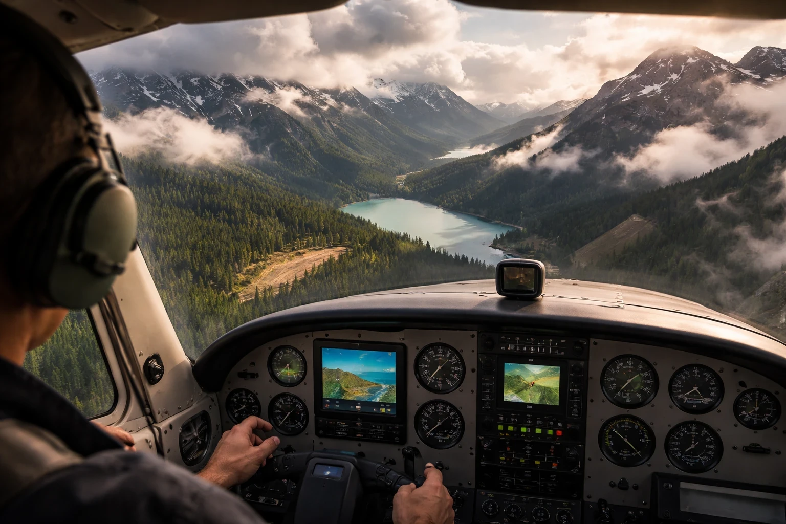Cockpit view of a small aircraft flying over remote wilderness mountains and lakes at sunrise, showing realistic terrain for flight simulation.