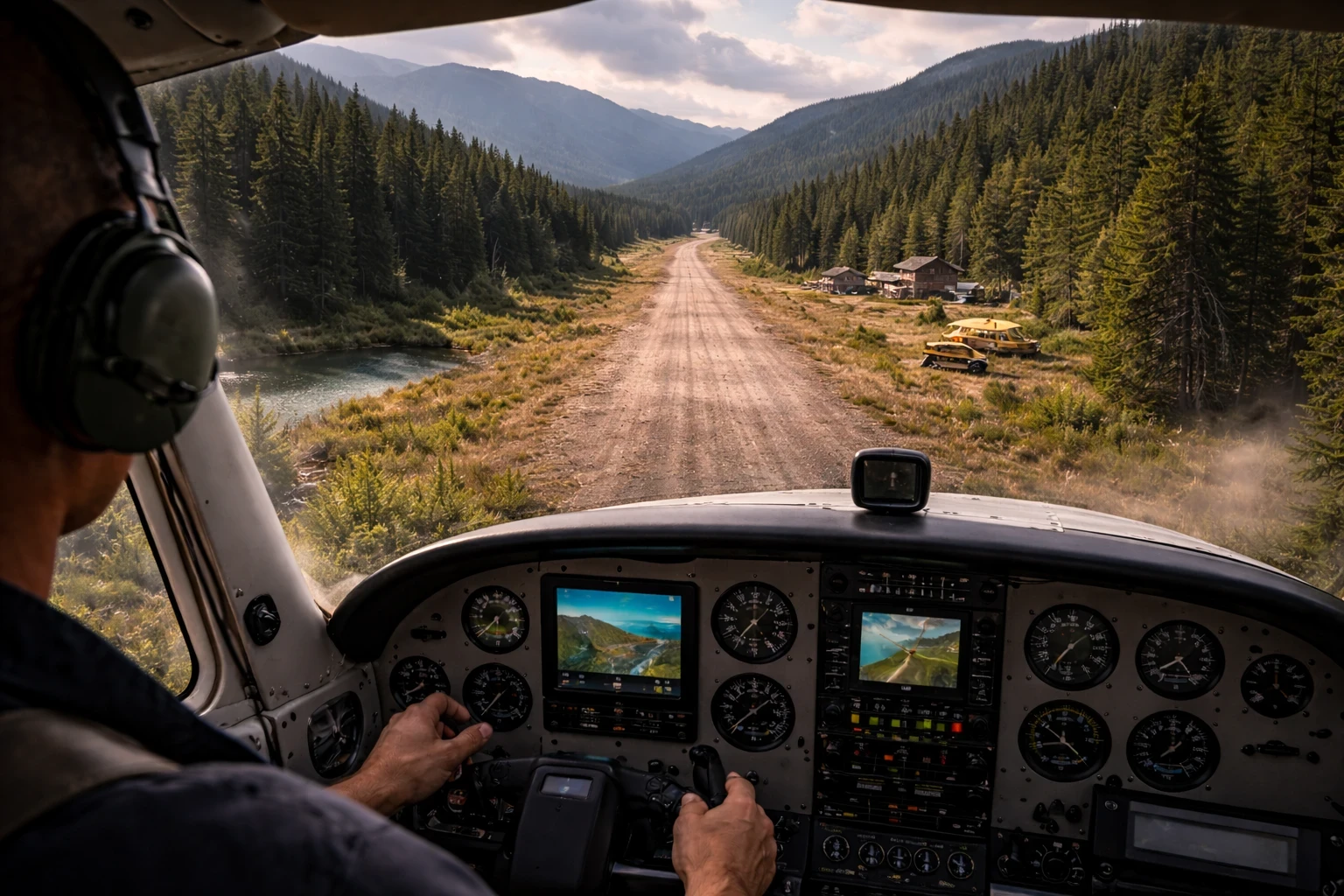 Pilot’s cockpit view of a small bush plane approaching a remote dirt runway surrounded by mountains, trees, and cabins, illustrating STOL and unimproved runway operations.