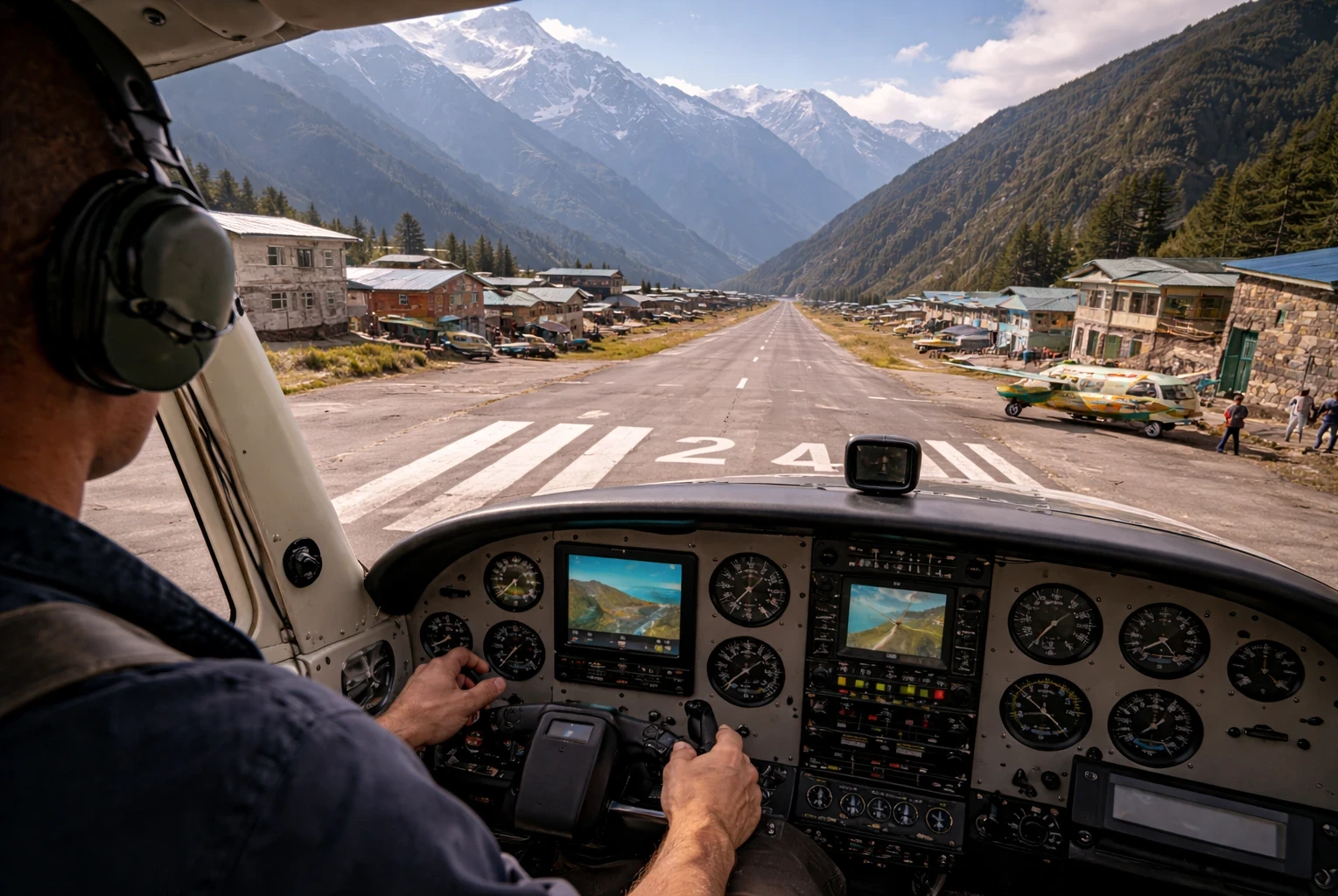 Cockpit view of a small aircraft approaching a high-altitude mountain airstrip with steep slopes, thin-air conditions, and rugged terrain, illustrating high-density altitude operations.